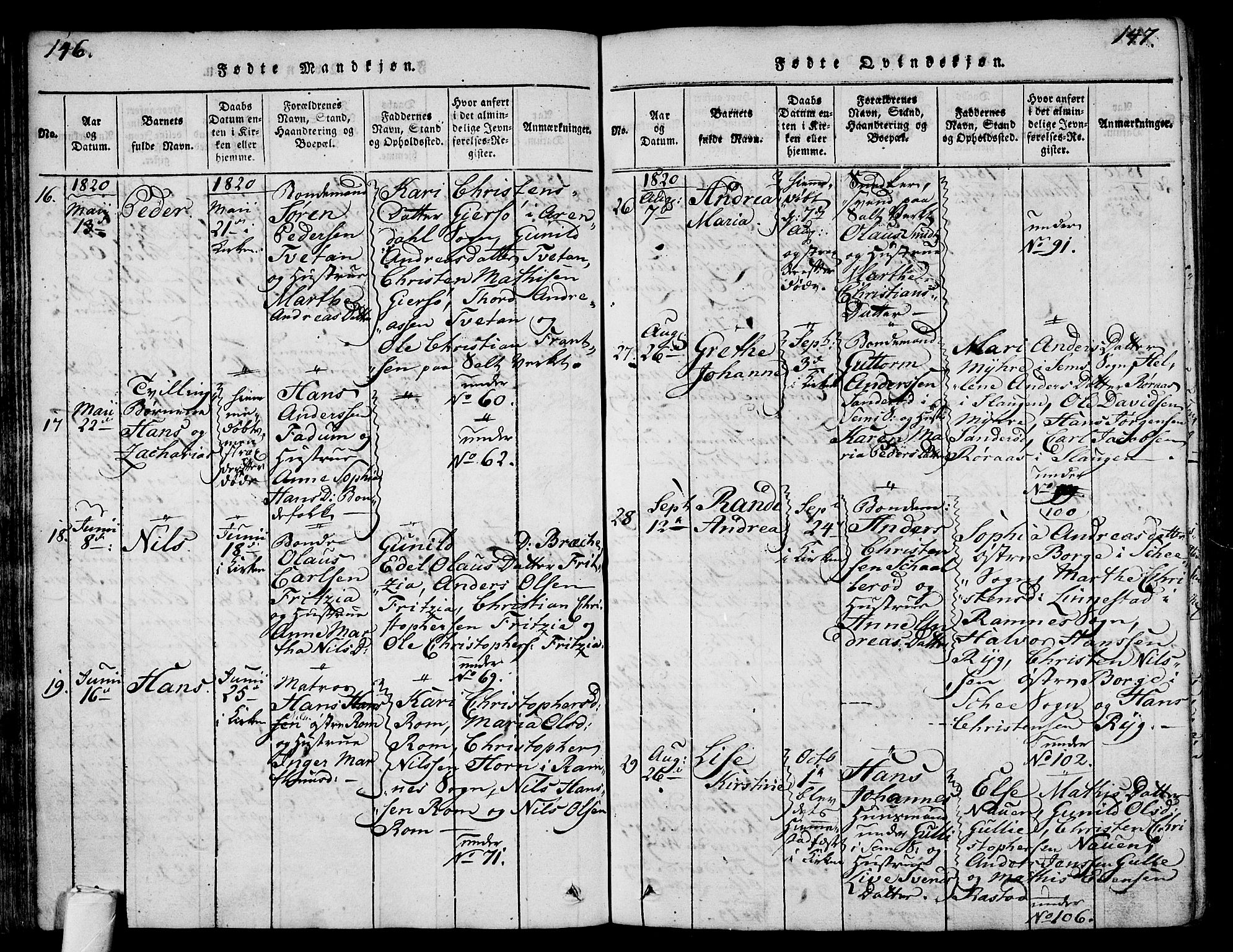 Sem kirkebøker, AV/SAKO-A-5/F/Fa/L0004: Parish register (official) no. I 4, 1814-1825, p. 146-147