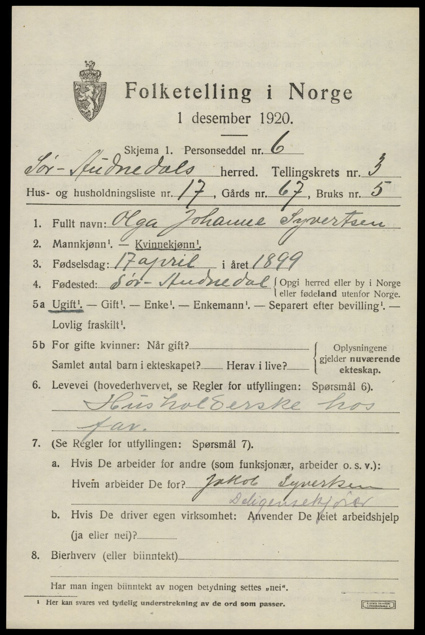 SAK, 1920 census for Sør-Audnedal, 1920, p. 1965