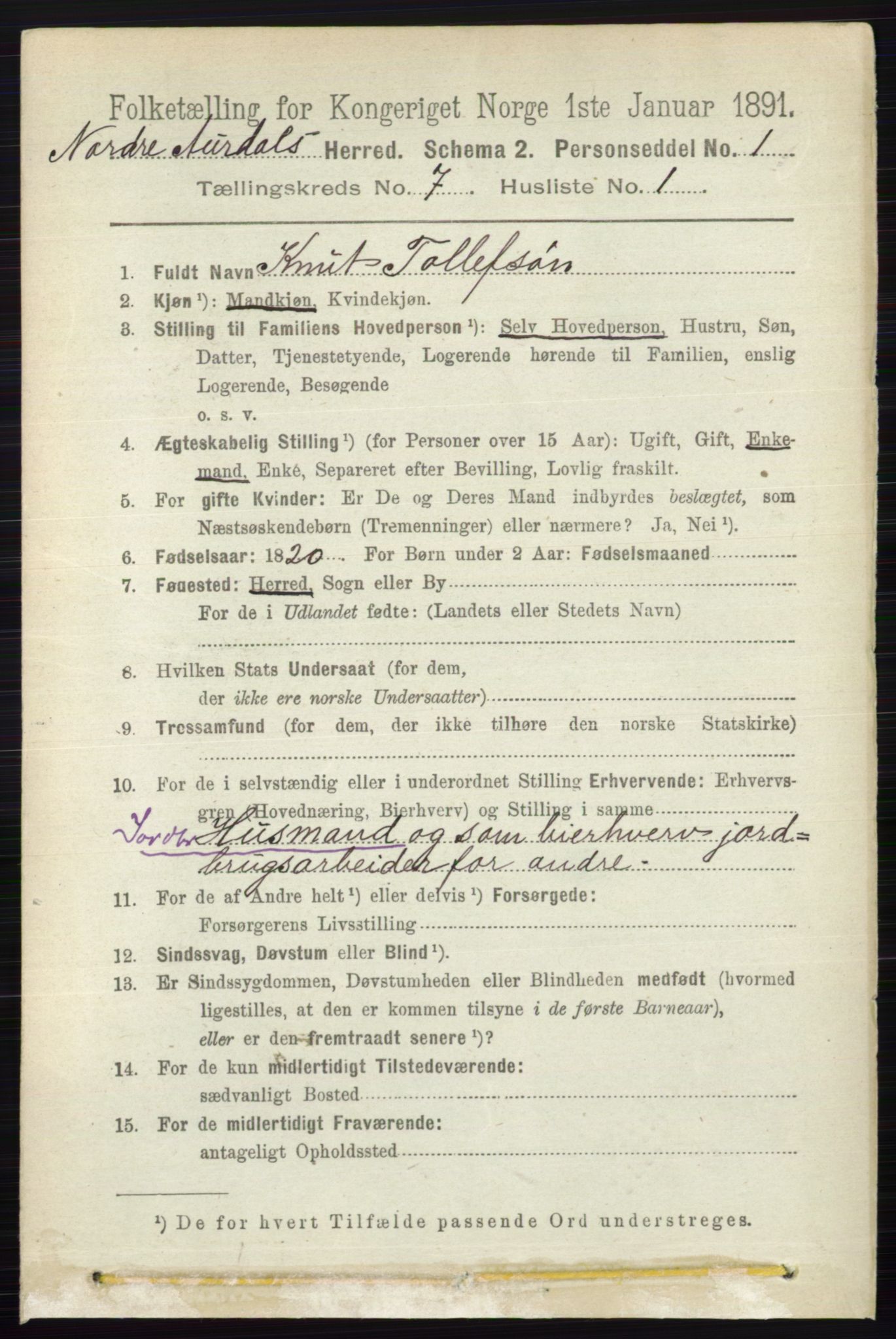 RA, 1891 census for 0542 Nord-Aurdal, 1891, p. 2383