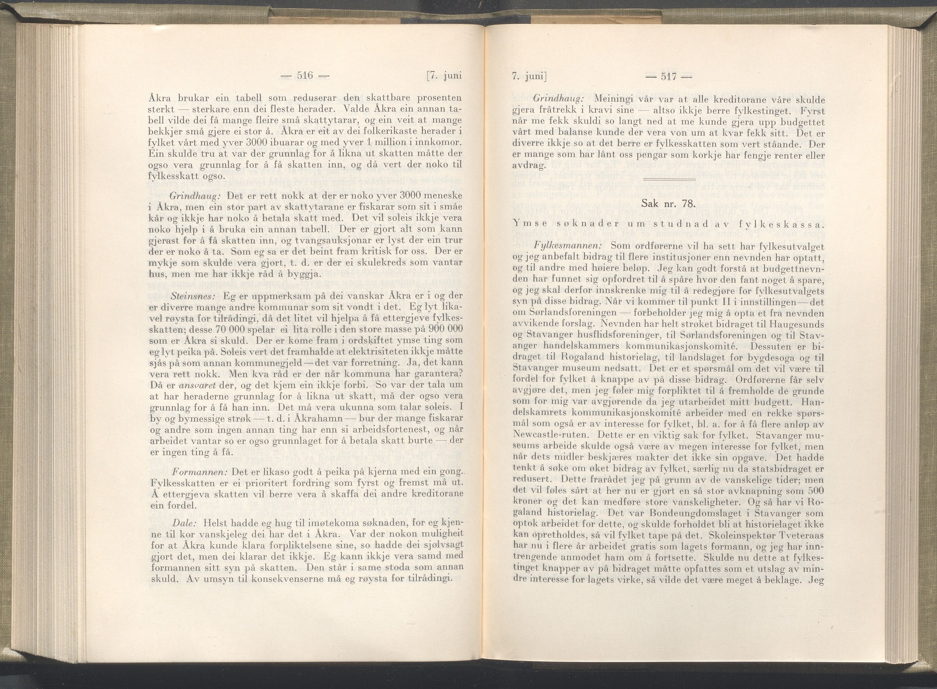 Rogaland fylkeskommune - Fylkesrådmannen , IKAR/A-900/A/Aa/Aaa/L0045: Møtebok , 1926, p. 516-517