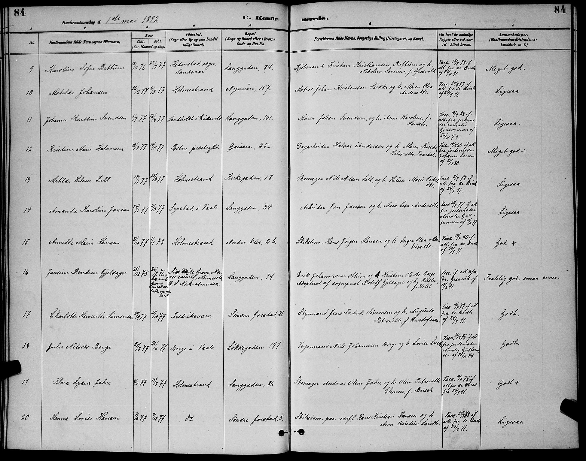 Holmestrand kirkebøker, AV/SAKO-A-346/G/Ga/L0005: Parish register (copy) no. 5, 1889-1901, p. 84