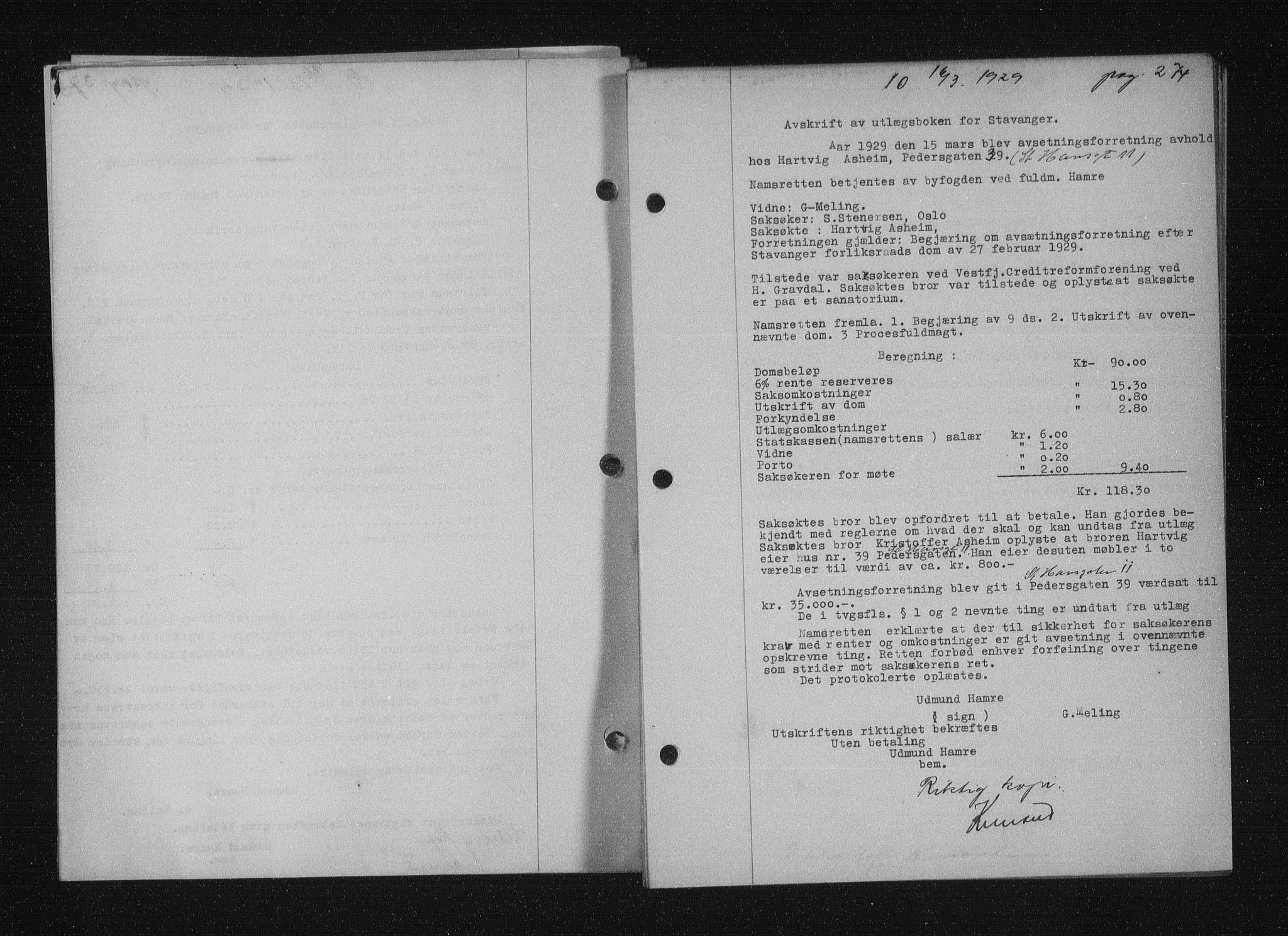 Stavanger byfogd, AV/SAST-A-101408/001/4/41/410/410BB/L0055: Mortgage book no. 43, 1928-1929, Deed date: 16.03.1929