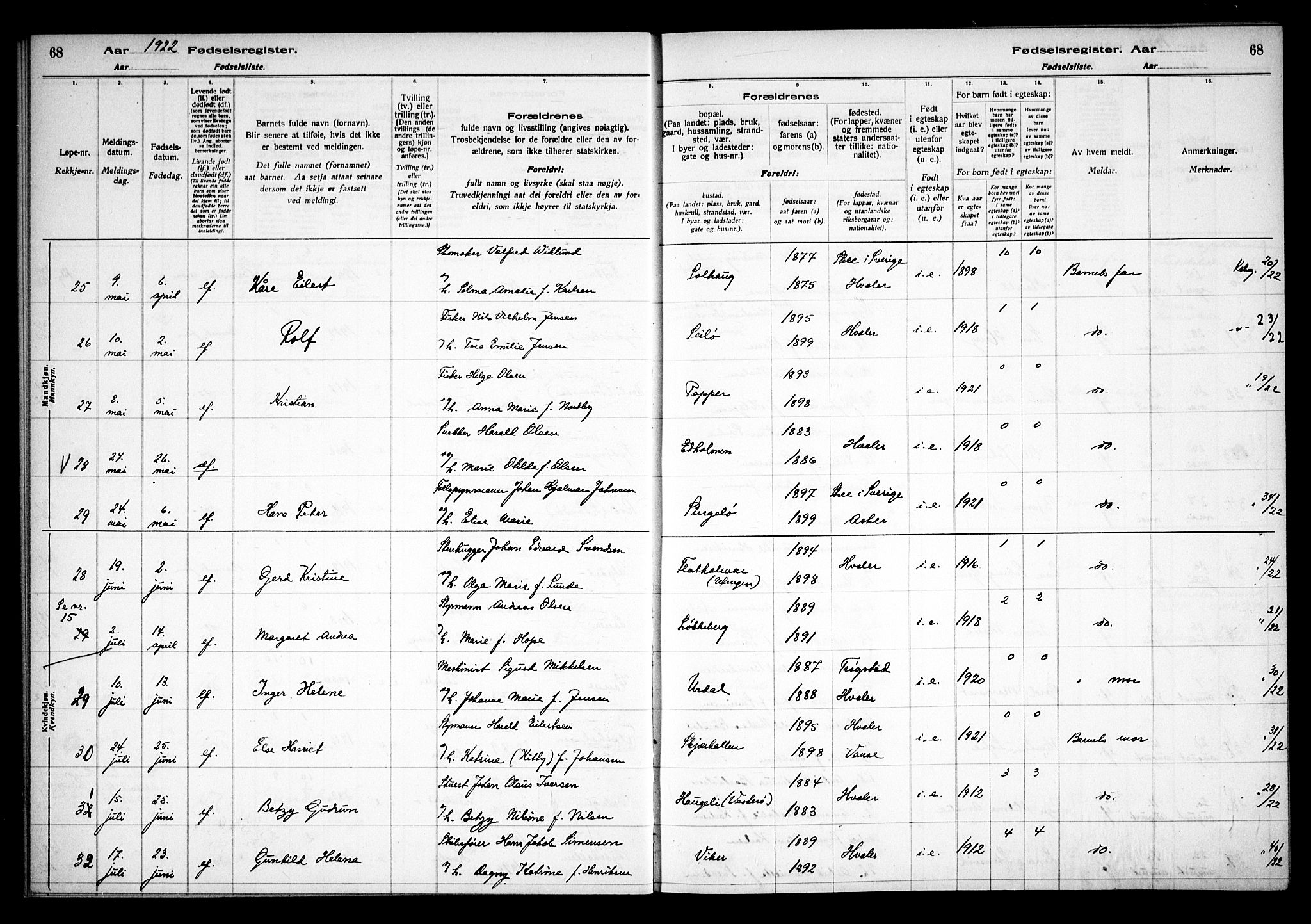 Hvaler prestekontor Kirkebøker, AV/SAO-A-2001/J/Ja/L0001: Birth register no. I 1, 1916-1938, p. 68