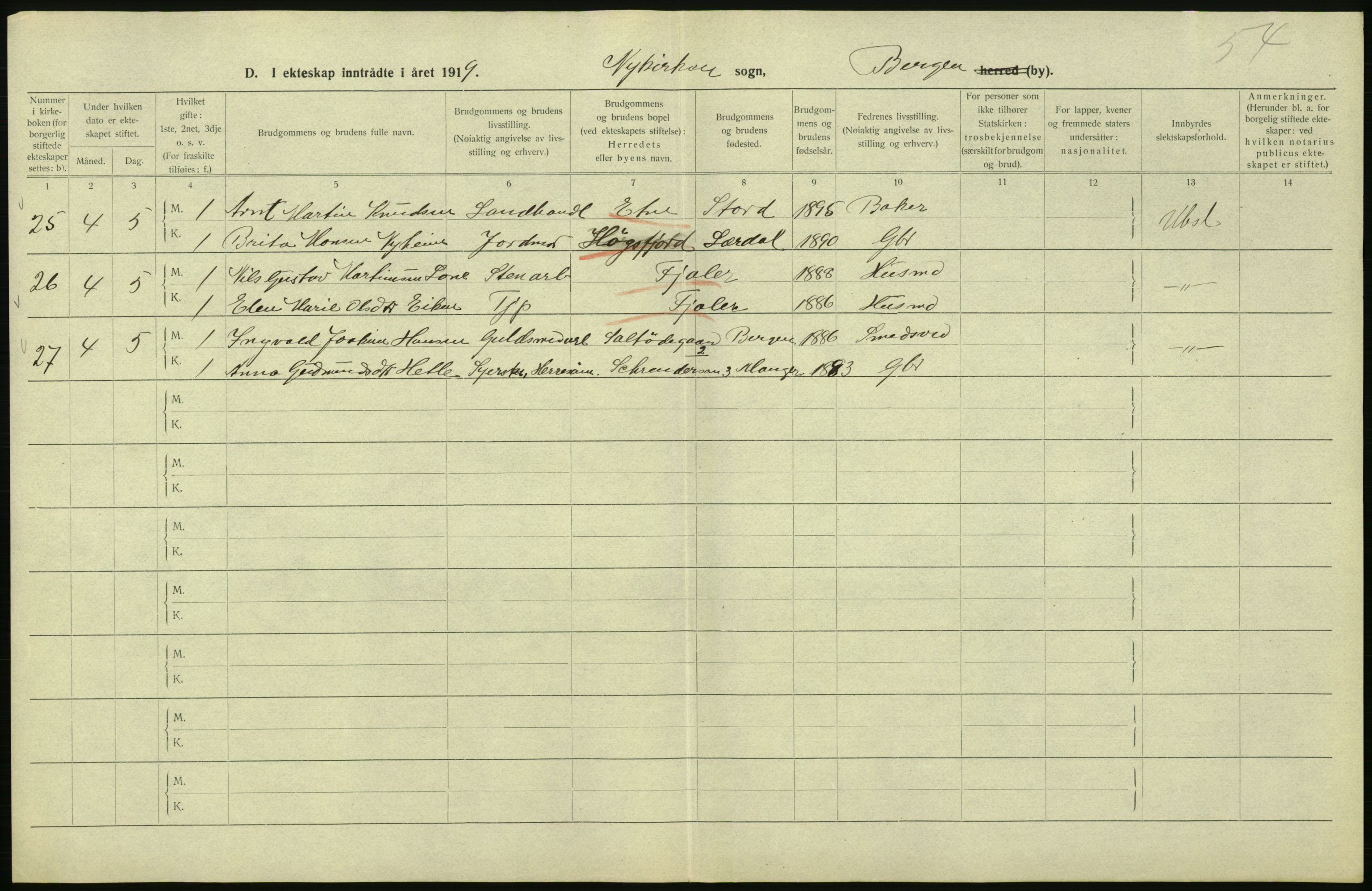 Statistisk sentralbyrå, Sosiodemografiske emner, Befolkning, AV/RA-S-2228/D/Df/Dfb/Dfbi/L0035: Bergen: Gifte, døde, dødfødte., 1919, p. 162