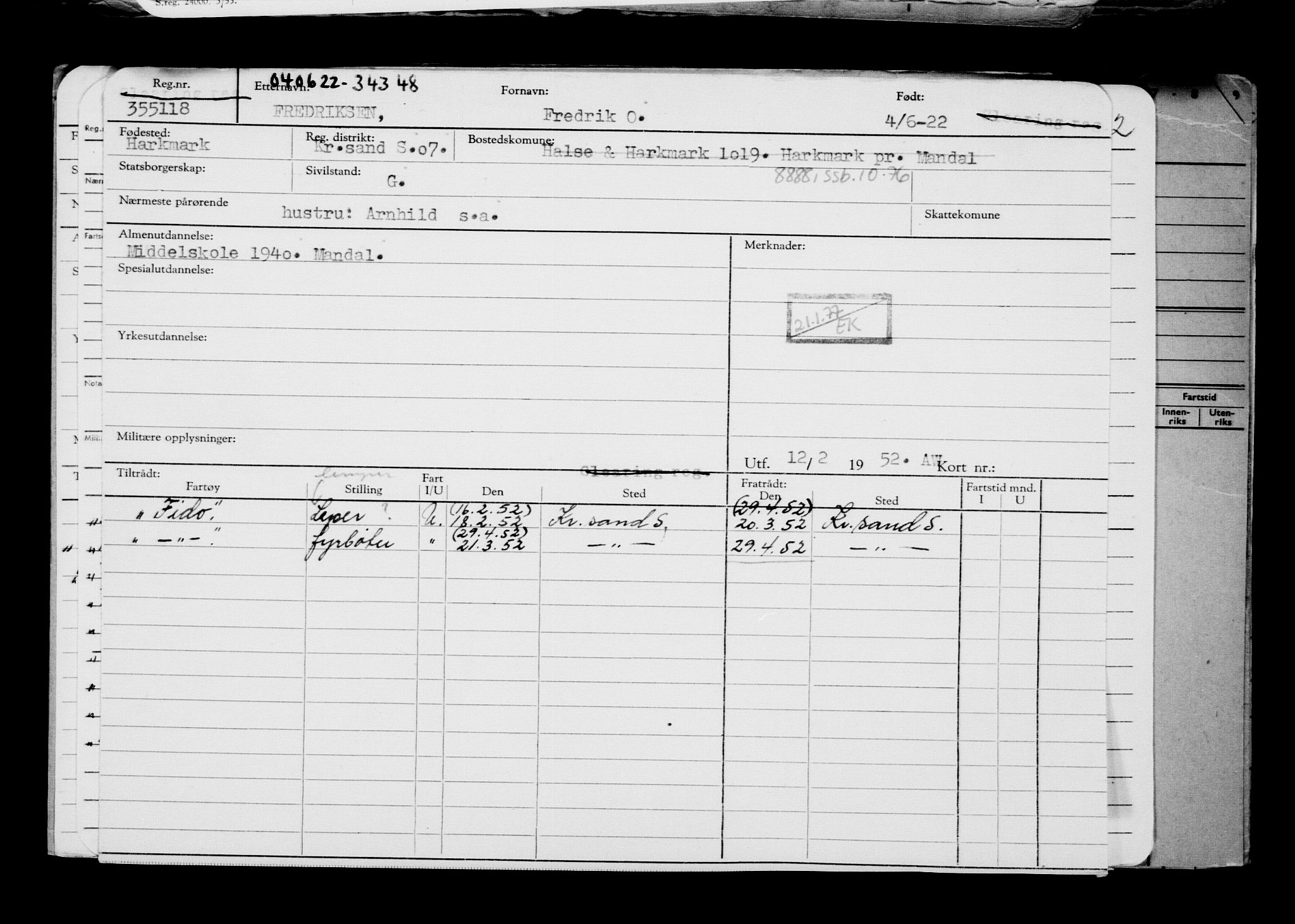 Direktoratet for sjømenn, AV/RA-S-3545/G/Gb/L0207: Hovedkort, 1922, p. 234