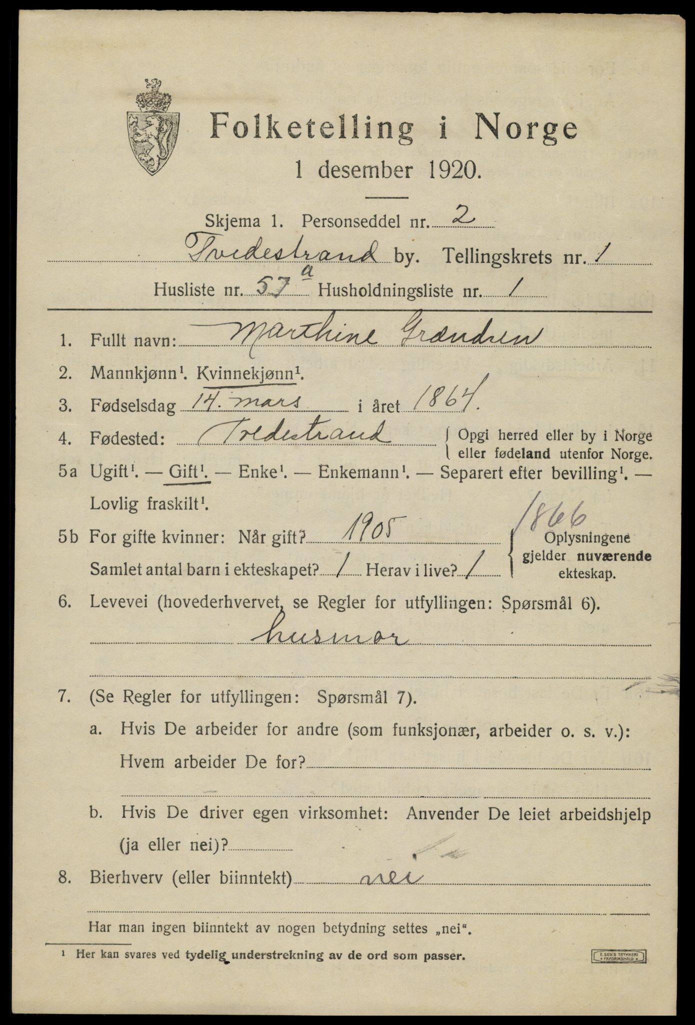 SAK, 1920 census for Tvedestrand, 1920, p. 1965