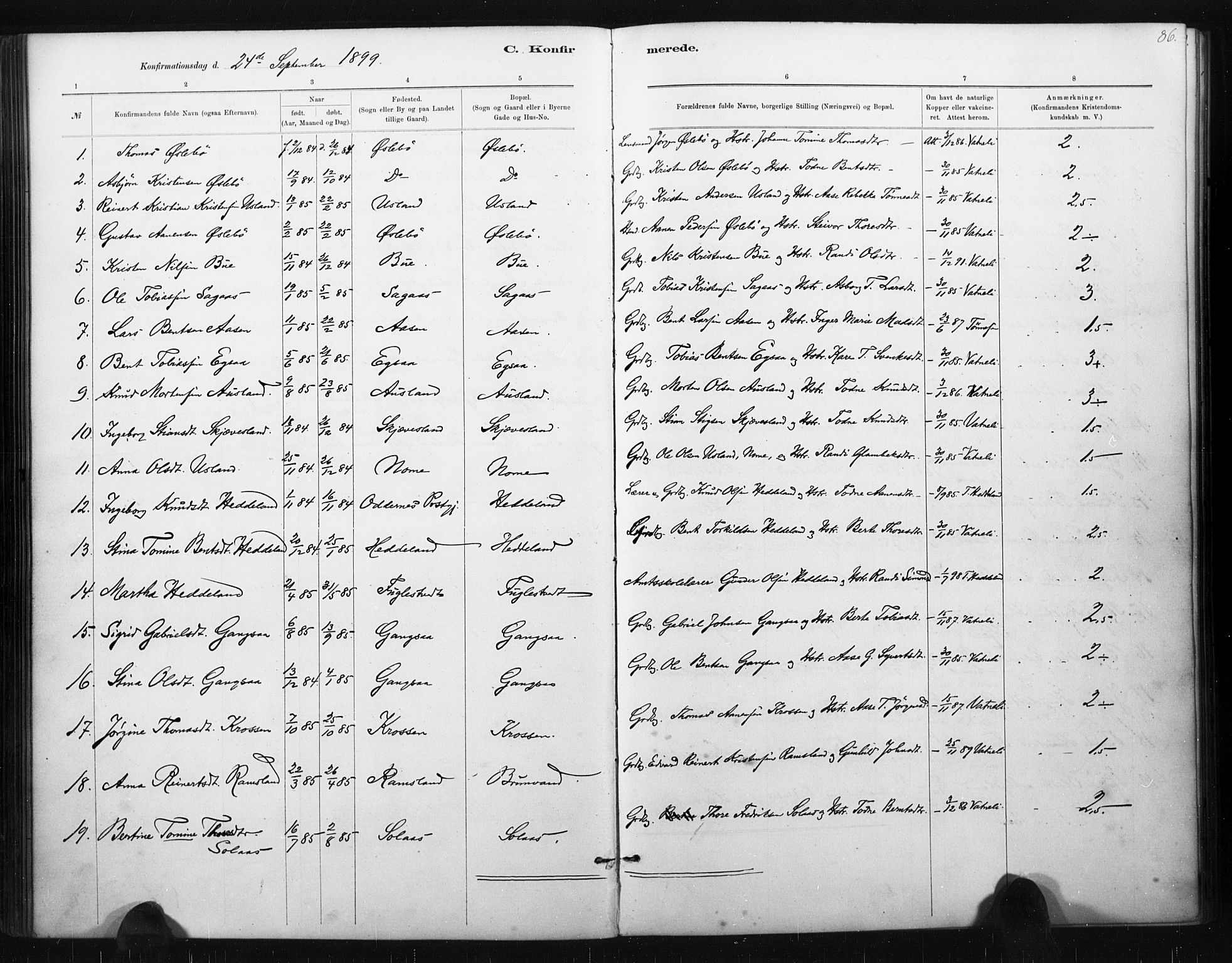 Holum sokneprestkontor, AV/SAK-1111-0022/F/Fa/Fac/L0004: Parish register (official) no. A 4, 1884-1907, p. 86