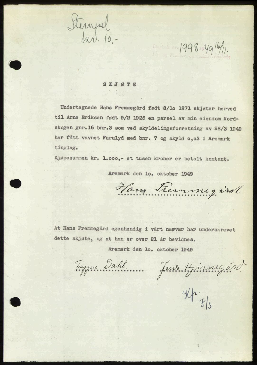 Idd og Marker sorenskriveri, AV/SAO-A-10283/G/Gb/Gbb/L0013: Mortgage book no. A13, 1949-1950, Diary no: : 1998/1949