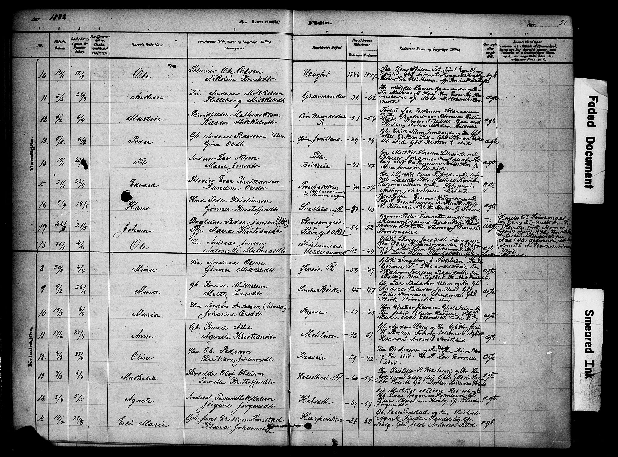 Ringsaker prestekontor, SAH/PREST-014/K/Ka/L0014: Parish register (official) no. 14, 1879-1890, p. 21