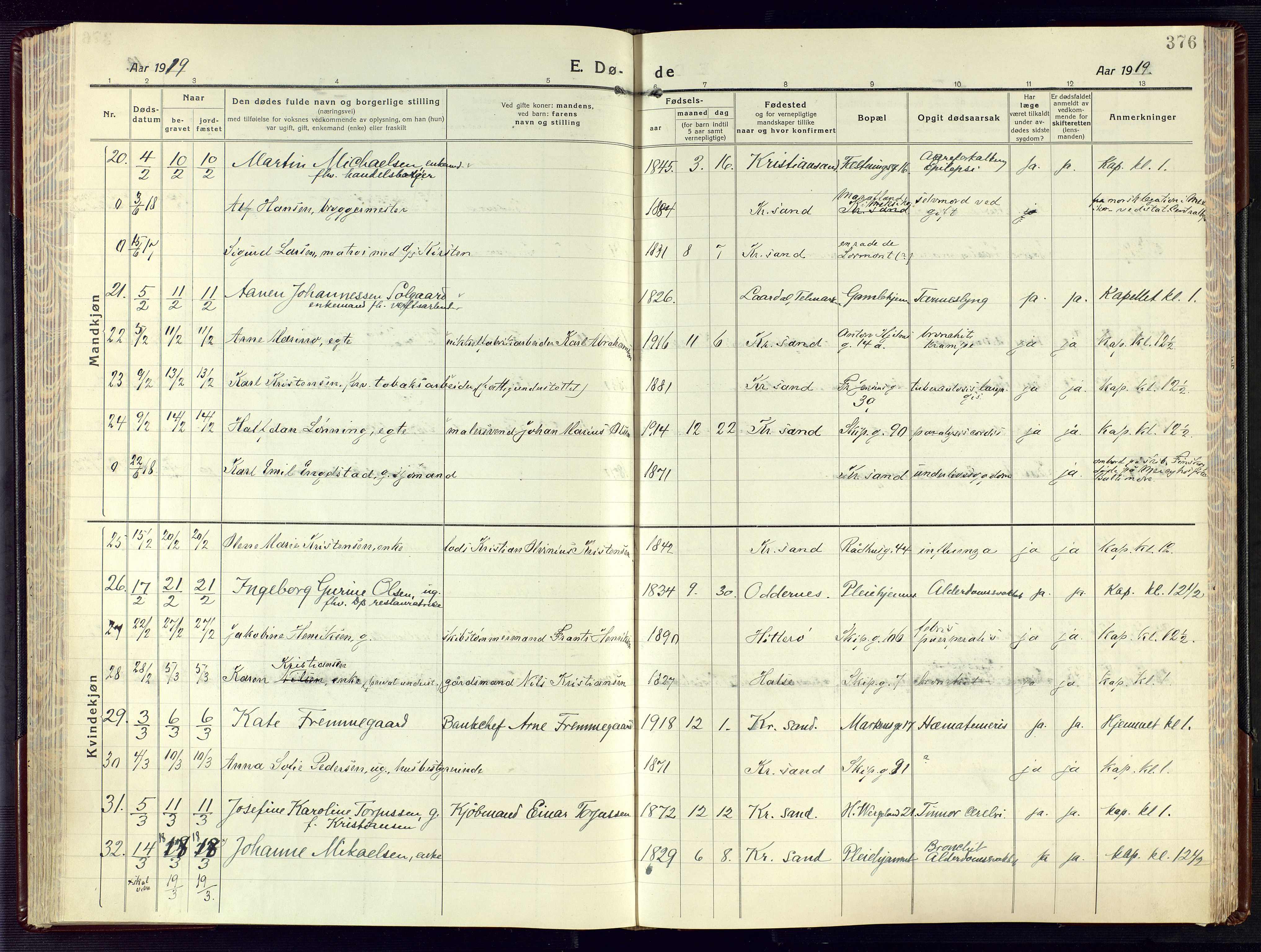 Kristiansand domprosti, SAK/1112-0006/F/Fa/L0028: Parish register (official) no. A 27, 1917-1926, p. 376