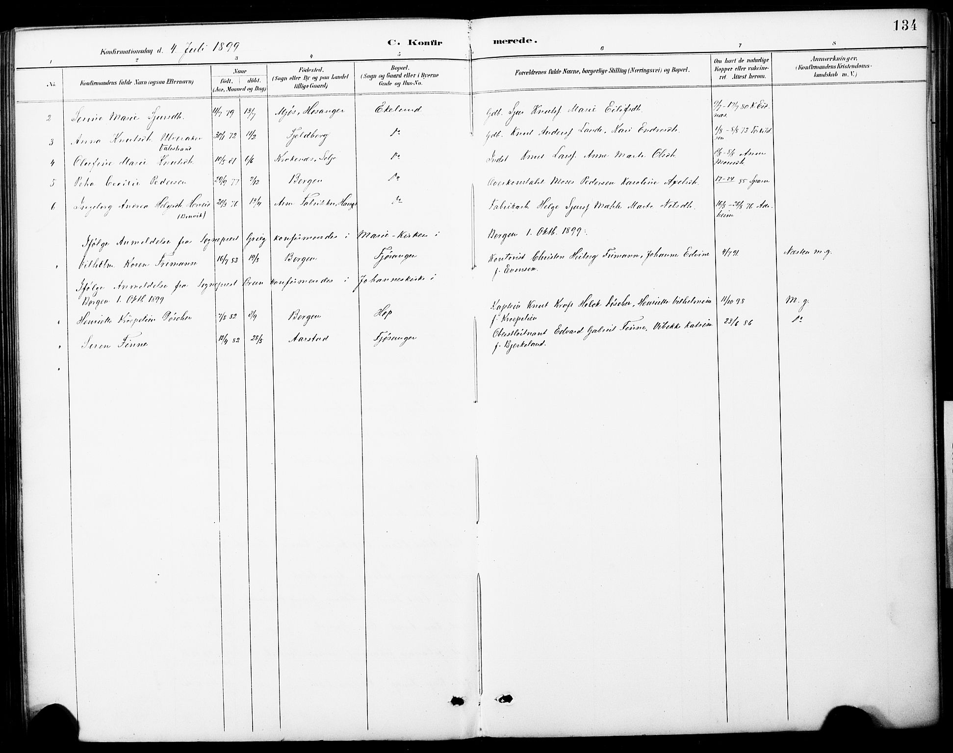 Fana Sokneprestembete, AV/SAB-A-75101/H/Haa/Haai/L0002: Parish register (official) no. I 2, 1888-1899, p. 134