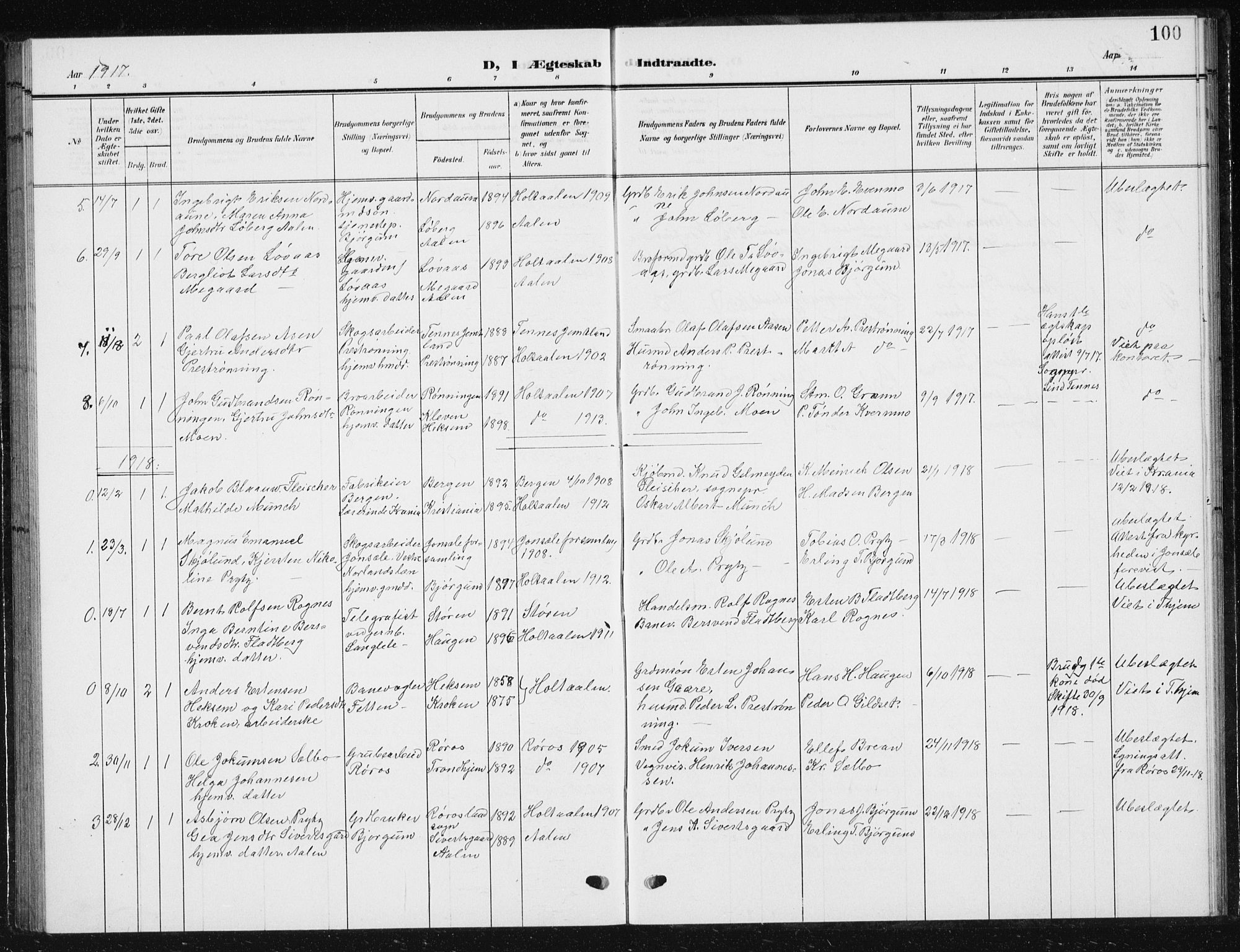 Ministerialprotokoller, klokkerbøker og fødselsregistre - Sør-Trøndelag, SAT/A-1456/685/L0979: Parish register (copy) no. 685C04, 1908-1933, p. 100