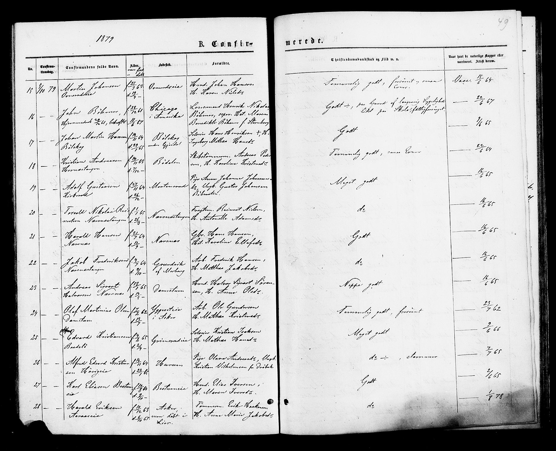 Røyken kirkebøker, SAKO/A-241/F/Fa/L0007: Parish register (official) no. 7, 1876-1879, p. 49