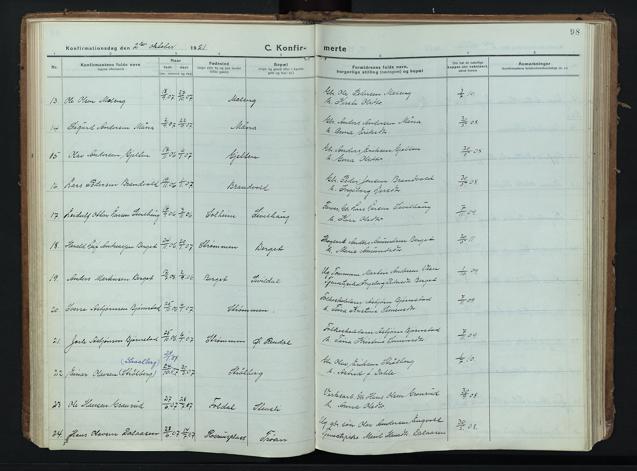 Alvdal prestekontor, SAH/PREST-060/H/Ha/Haa/L0006: Parish register (official) no. 6, 1920-1937, p. 98