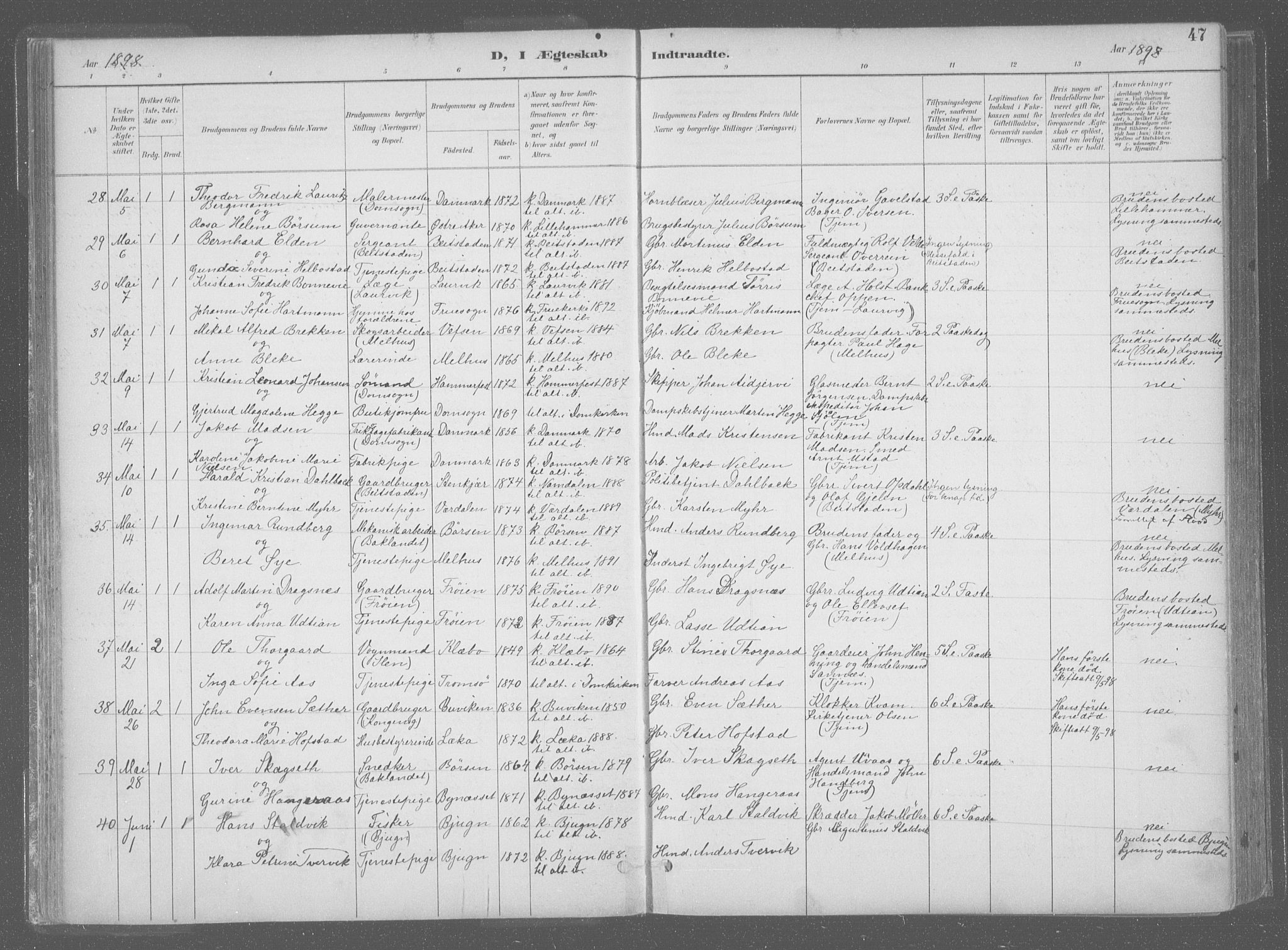 Ministerialprotokoller, klokkerbøker og fødselsregistre - Sør-Trøndelag, AV/SAT-A-1456/601/L0064: Parish register (official) no. 601A31, 1891-1911, p. 47