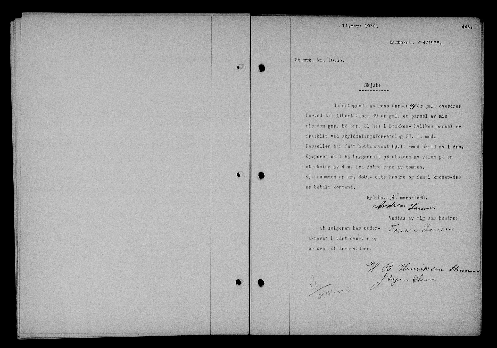 Nedenes sorenskriveri, AV/SAK-1221-0006/G/Gb/Gba/L0044: Mortgage book no. 40, 1937-1938, Diary no: : 254/1938