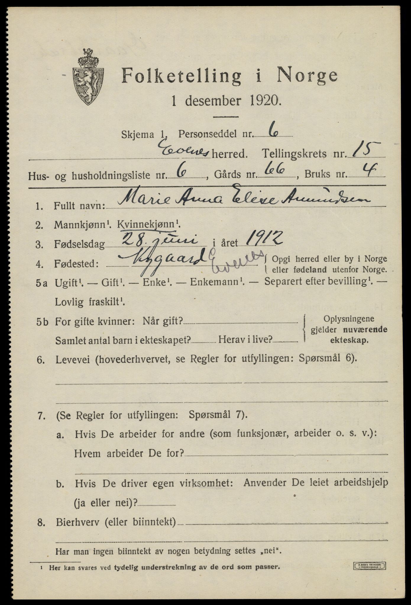 SAT, 1920 census for Evenes, 1920, p. 12808