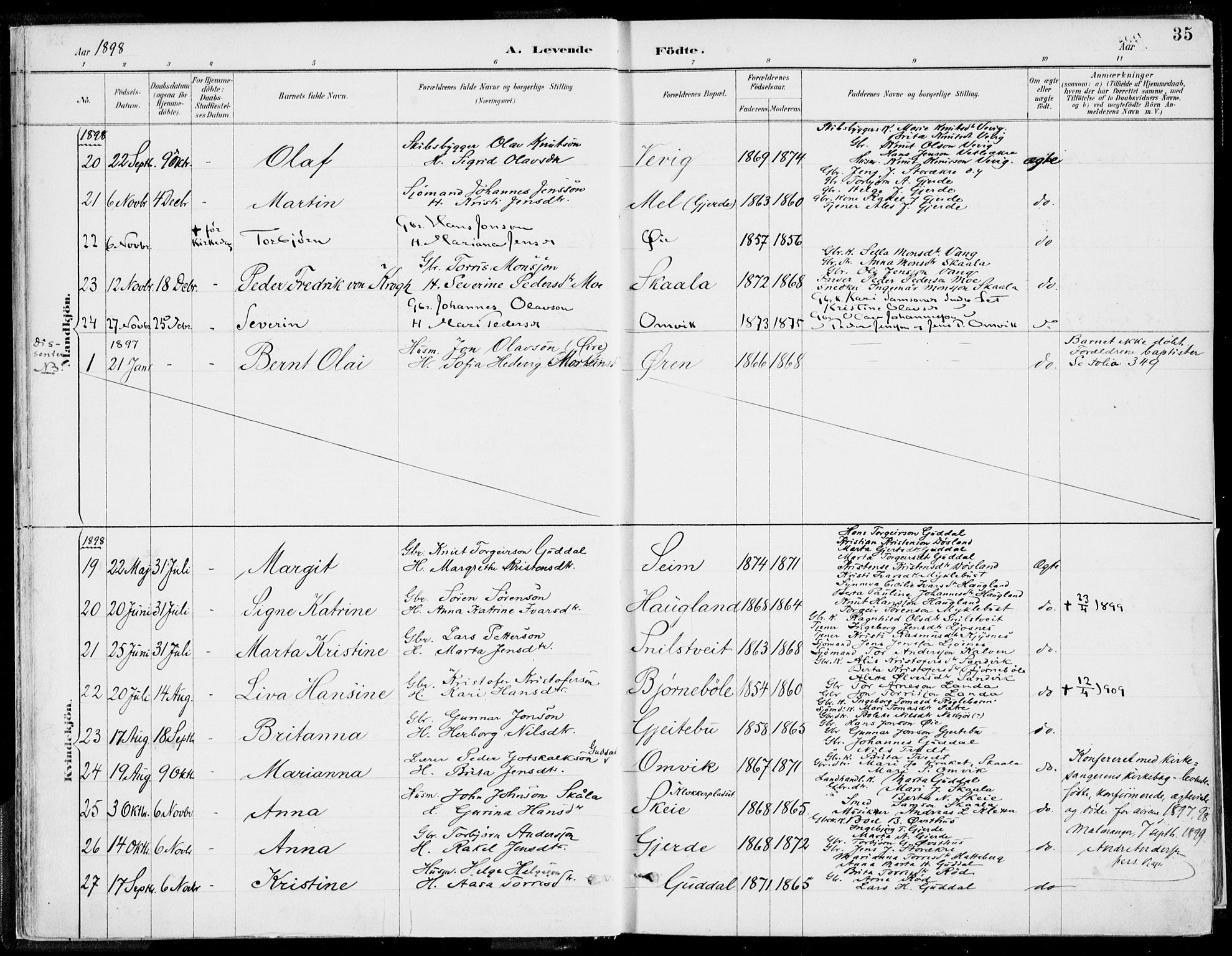 Kvinnherad sokneprestembete, SAB/A-76401/H/Haa: Parish register (official) no. B  1, 1887-1921, p. 35