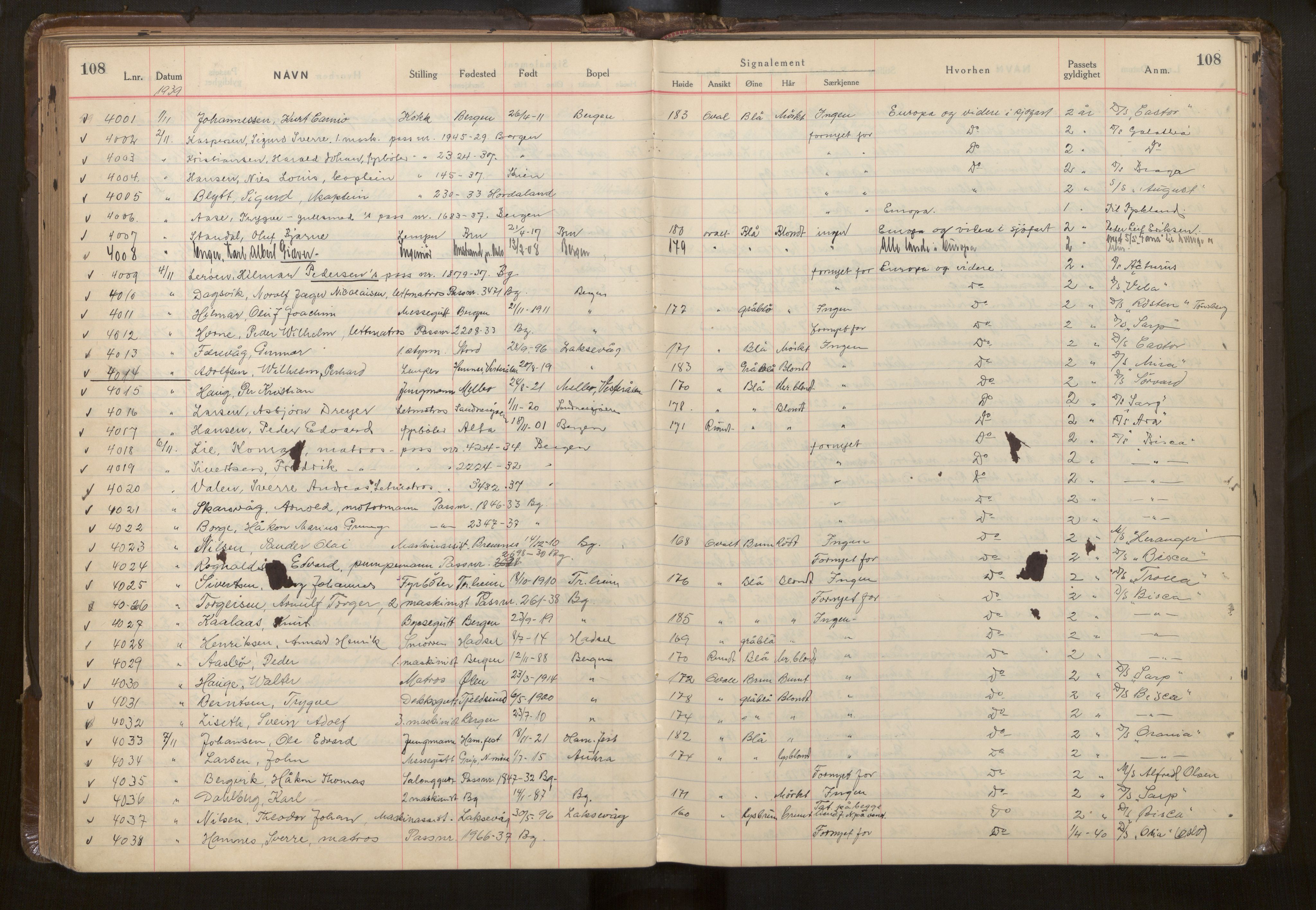 Bergen politikammer / politidistrikt, AV/SAB-A-60401/L/La/Lab/L0015: Passprotokoll, 1939-1946