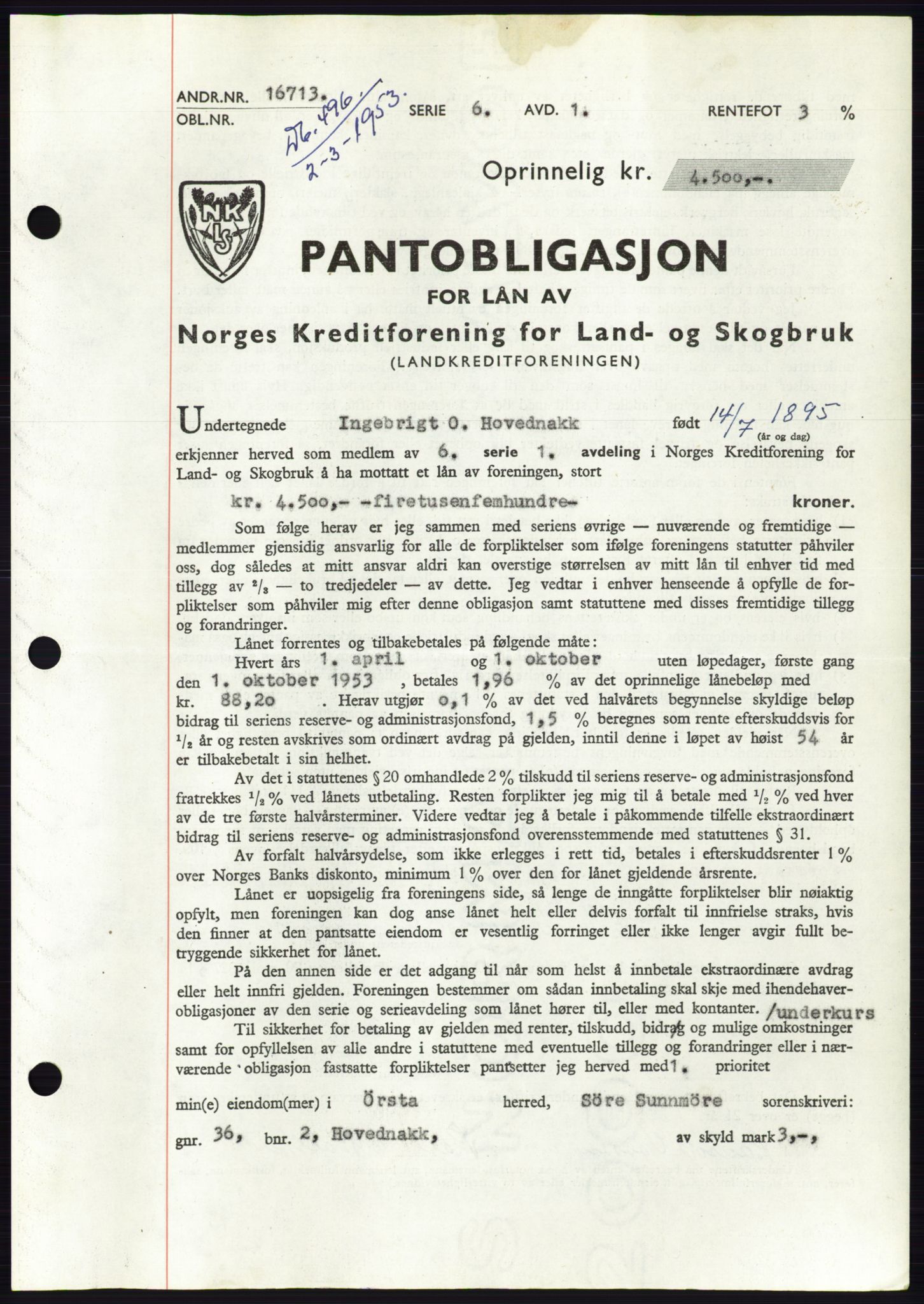 Søre Sunnmøre sorenskriveri, AV/SAT-A-4122/1/2/2C/L0123: Mortgage book no. 11B, 1953-1953, Diary no: : 496/1953