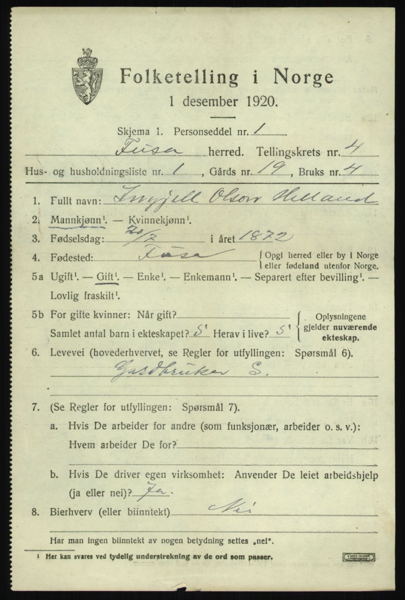 SAB, 1920 census for Fusa, 1920, p. 1549