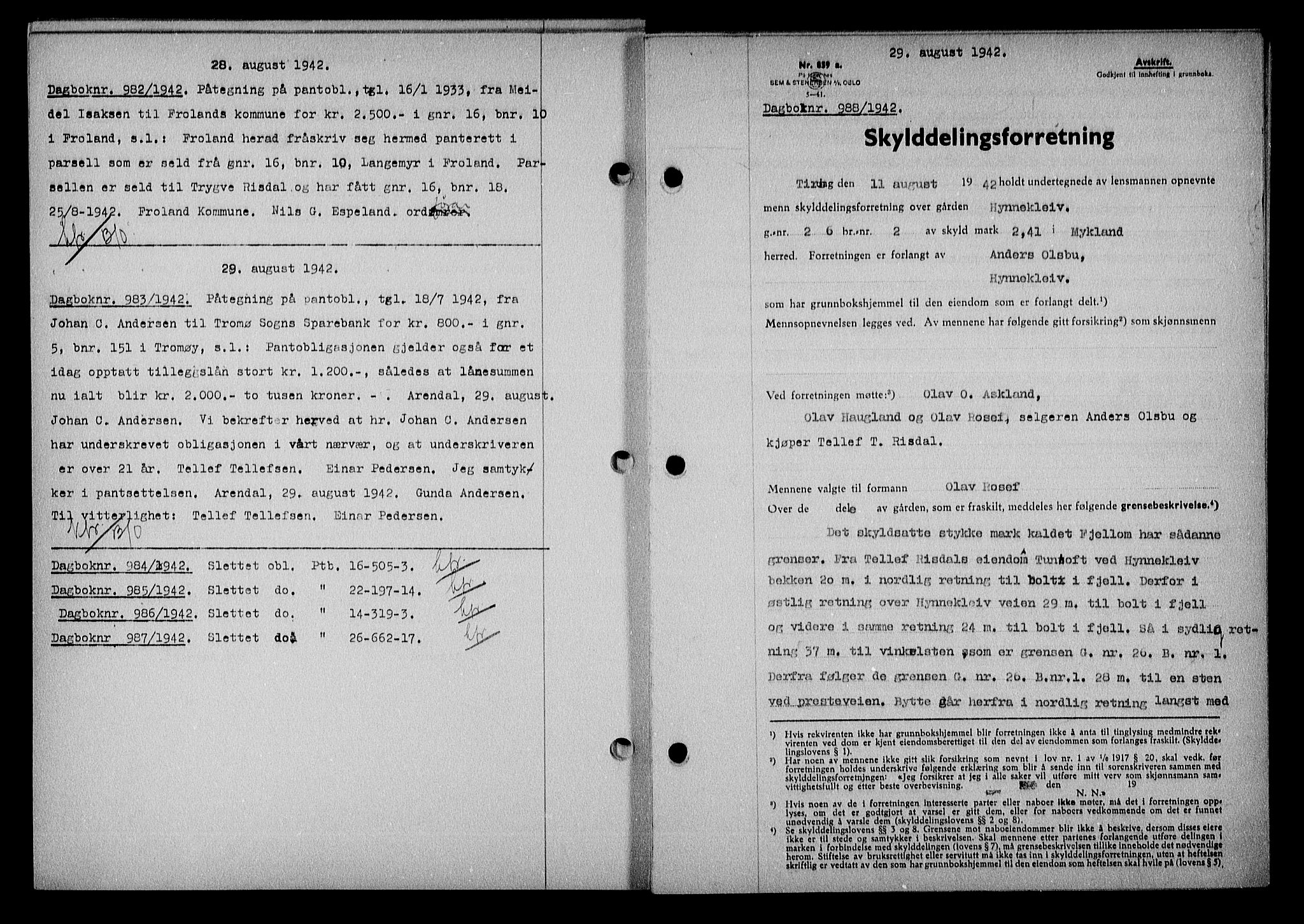 Nedenes sorenskriveri, SAK/1221-0006/G/Gb/Gba/L0049: Mortgage book no. A-III, 1941-1942, Diary no: : 988/1942