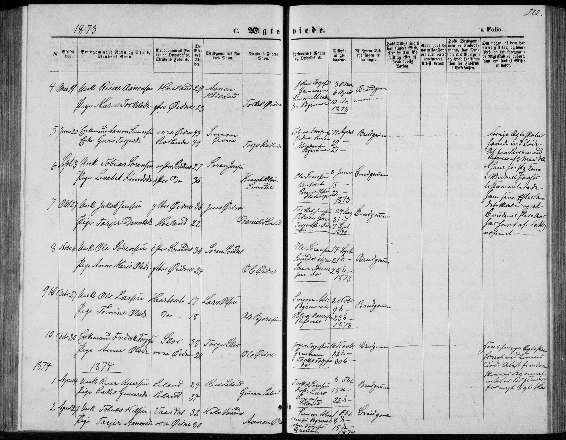 Bjelland sokneprestkontor, SAK/1111-0005/F/Fb/Fbc/L0002: Parish register (copy) no. B 2, 1867-1887, p. 222