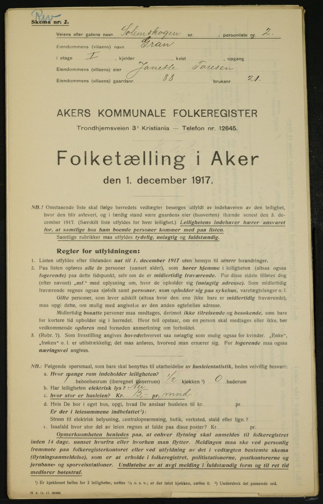 OBA, Municipal Census 1917 for Aker, 1917, p. 13994