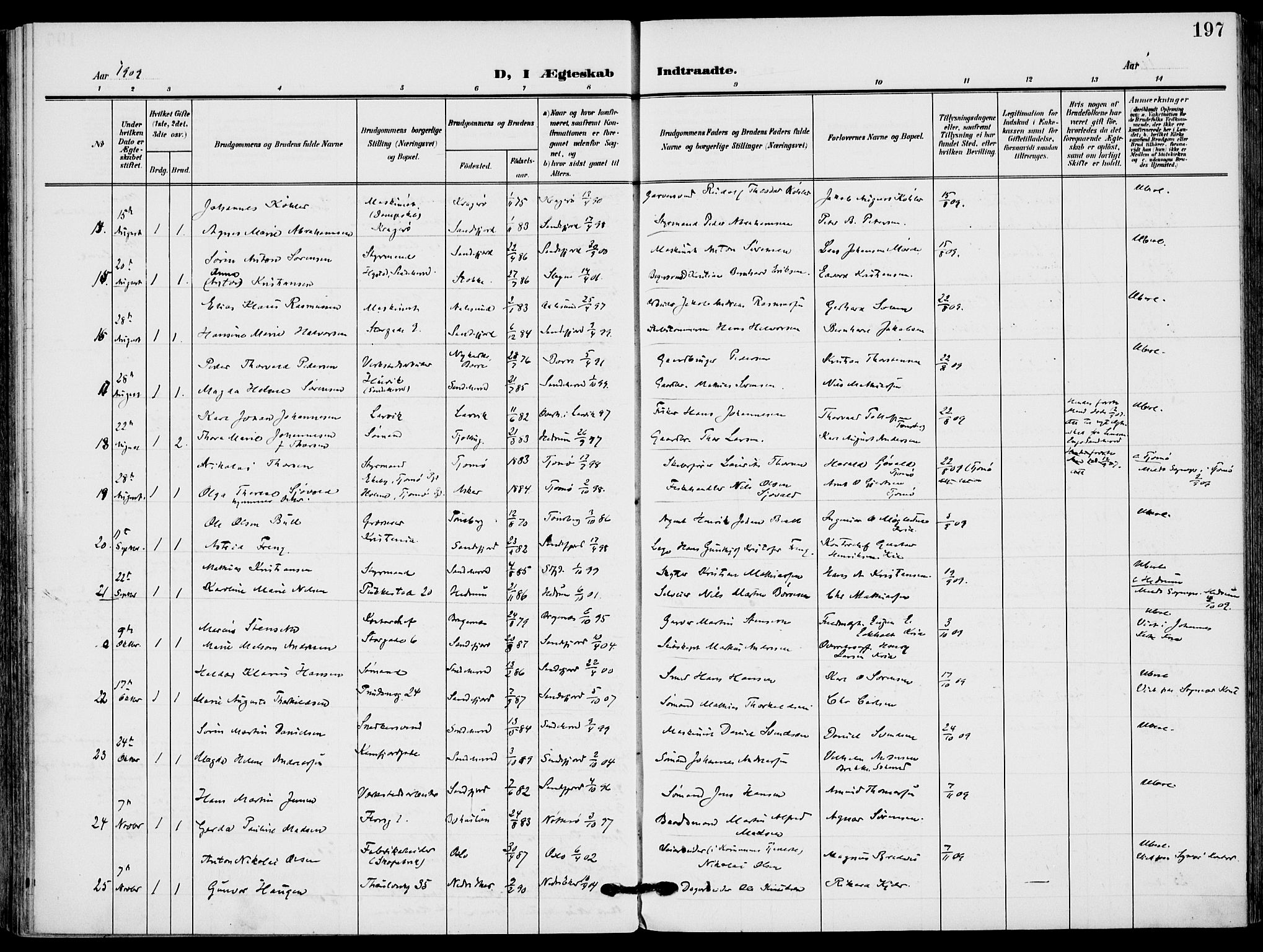 Sandefjord kirkebøker, AV/SAKO-A-315/F/Fa/L0005: Parish register (official) no. 5, 1906-1915, p. 197