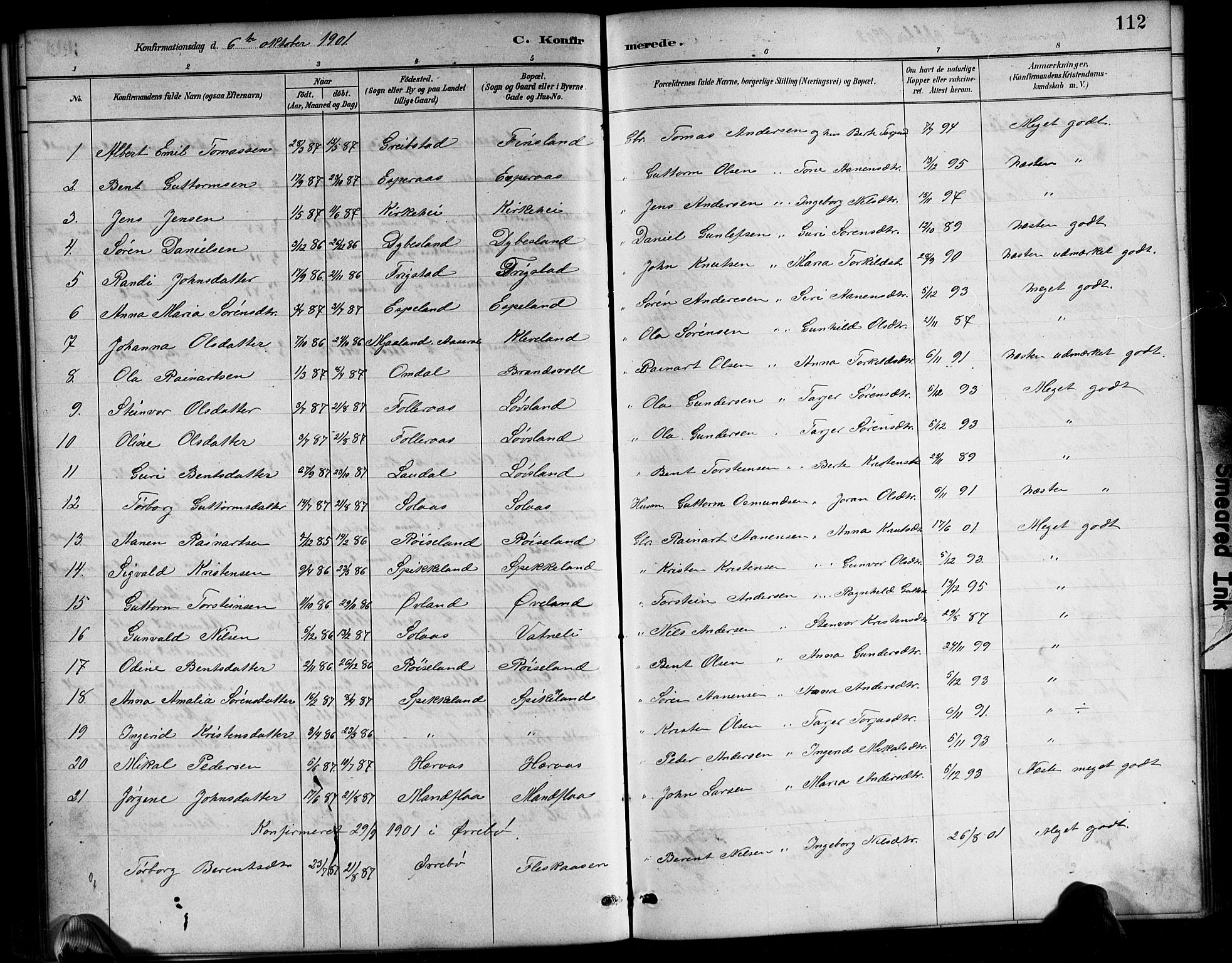 Bjelland sokneprestkontor, SAK/1111-0005/F/Fb/Fbb/L0005: Parish register (copy) no. B 5, 1887-1918, p. 112