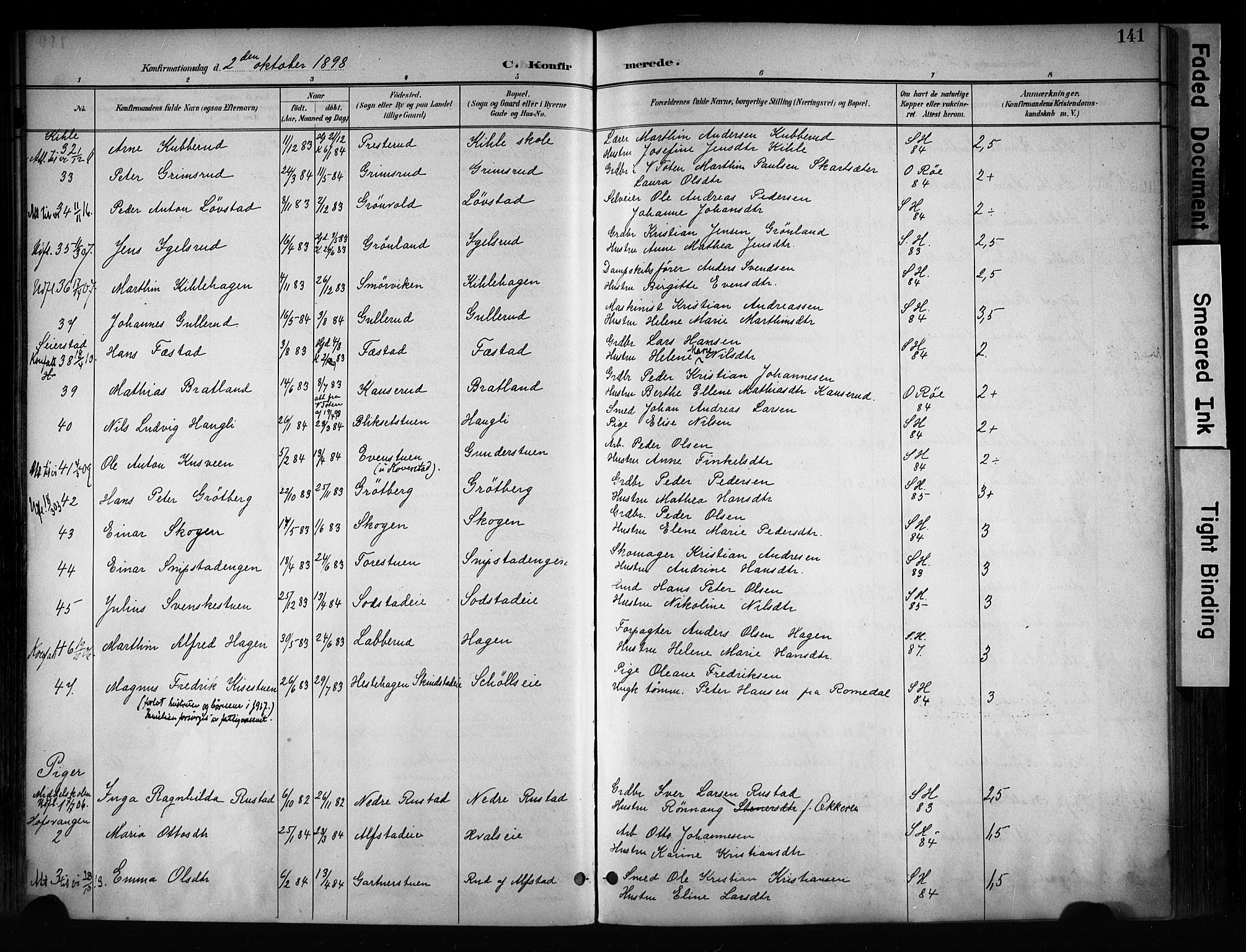 Østre Toten prestekontor, AV/SAH-PREST-104/H/Ha/Haa/L0008: Parish register (official) no. 8, 1897-1909, p. 141