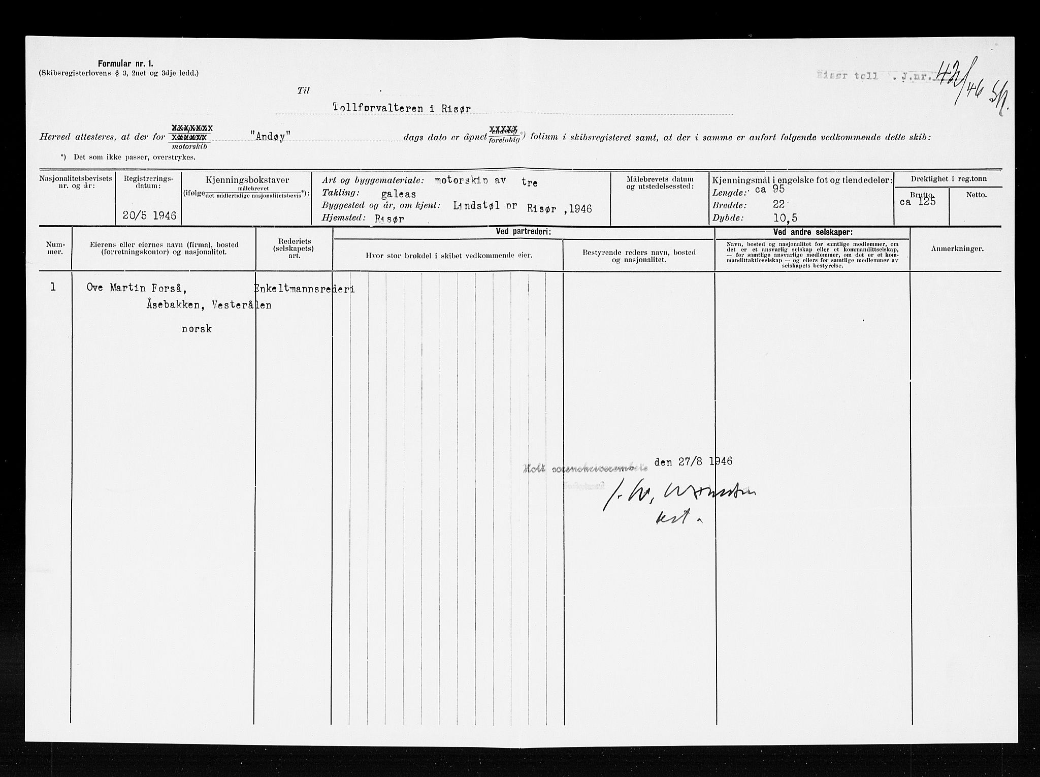 Risør tollsted, SAK/1351-0010/H/Ha/L0320: Skipsregisteret. Journalsaker, 1861-1957, p. 448