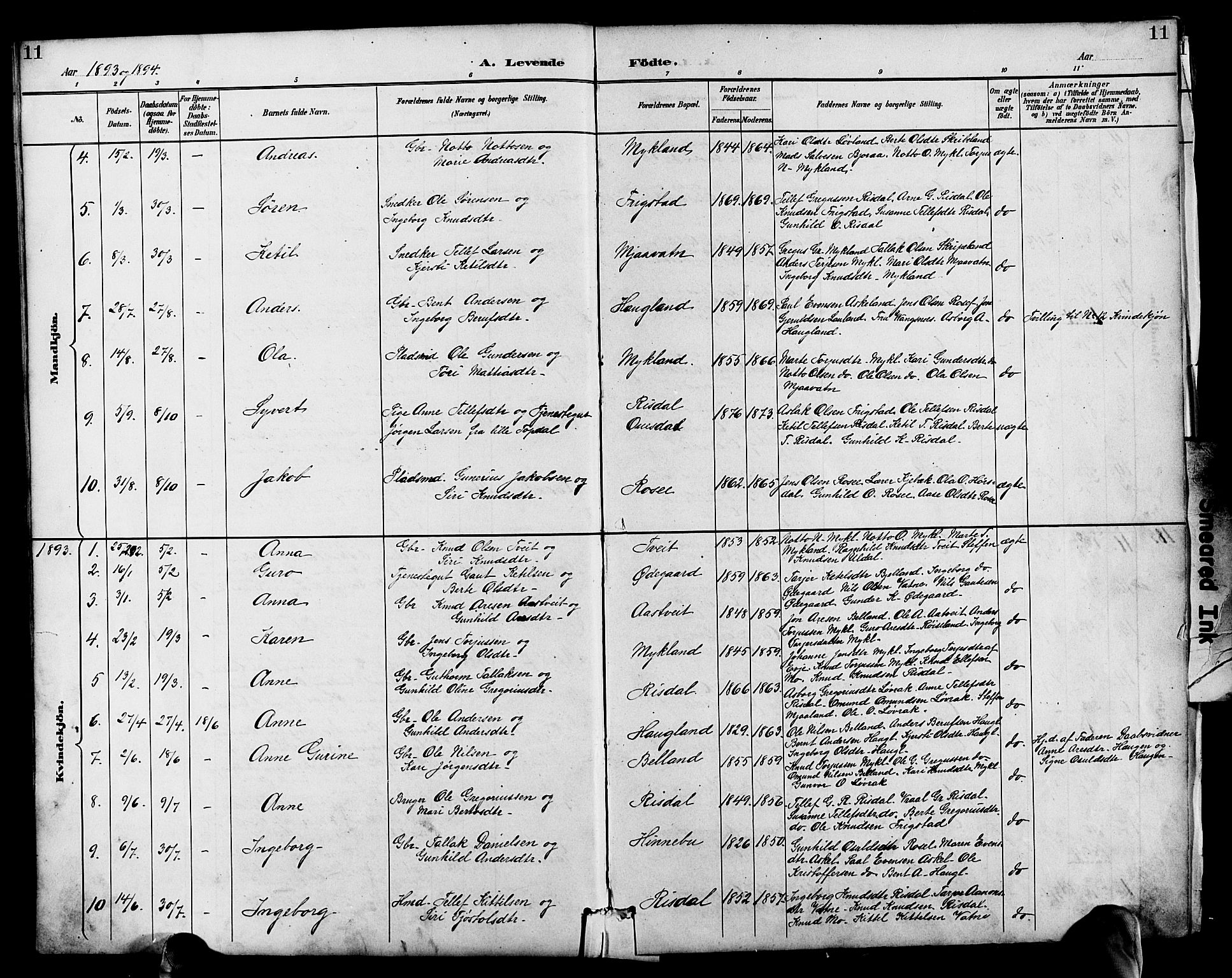 Herefoss sokneprestkontor, AV/SAK-1111-0019/F/Fb/Fbc/L0003: Parish register (copy) no. B 3, 1887-1915, p. 11