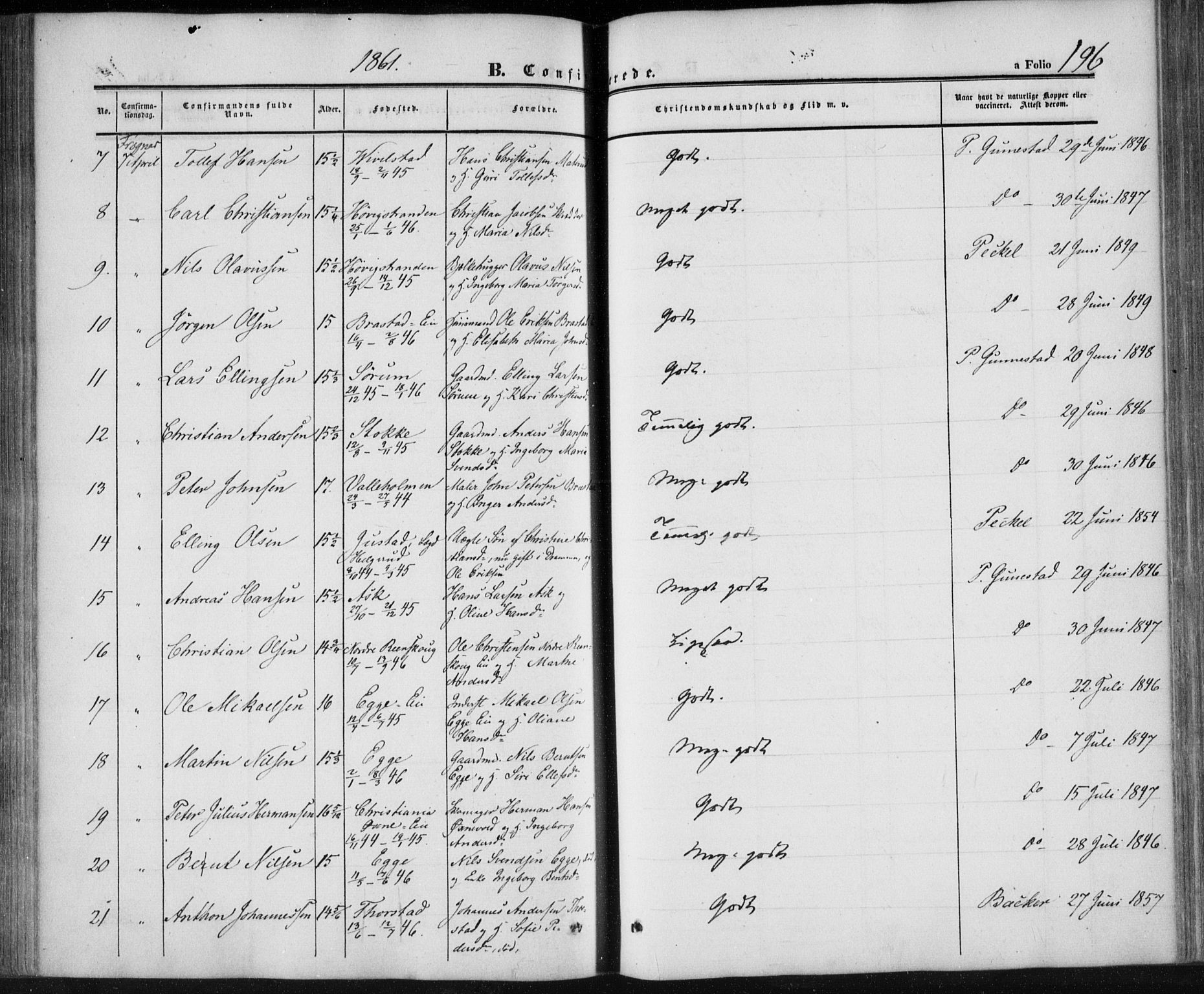 Lier kirkebøker, AV/SAKO-A-230/F/Fa/L0012: Parish register (official) no. I 12, 1854-1864, p. 196