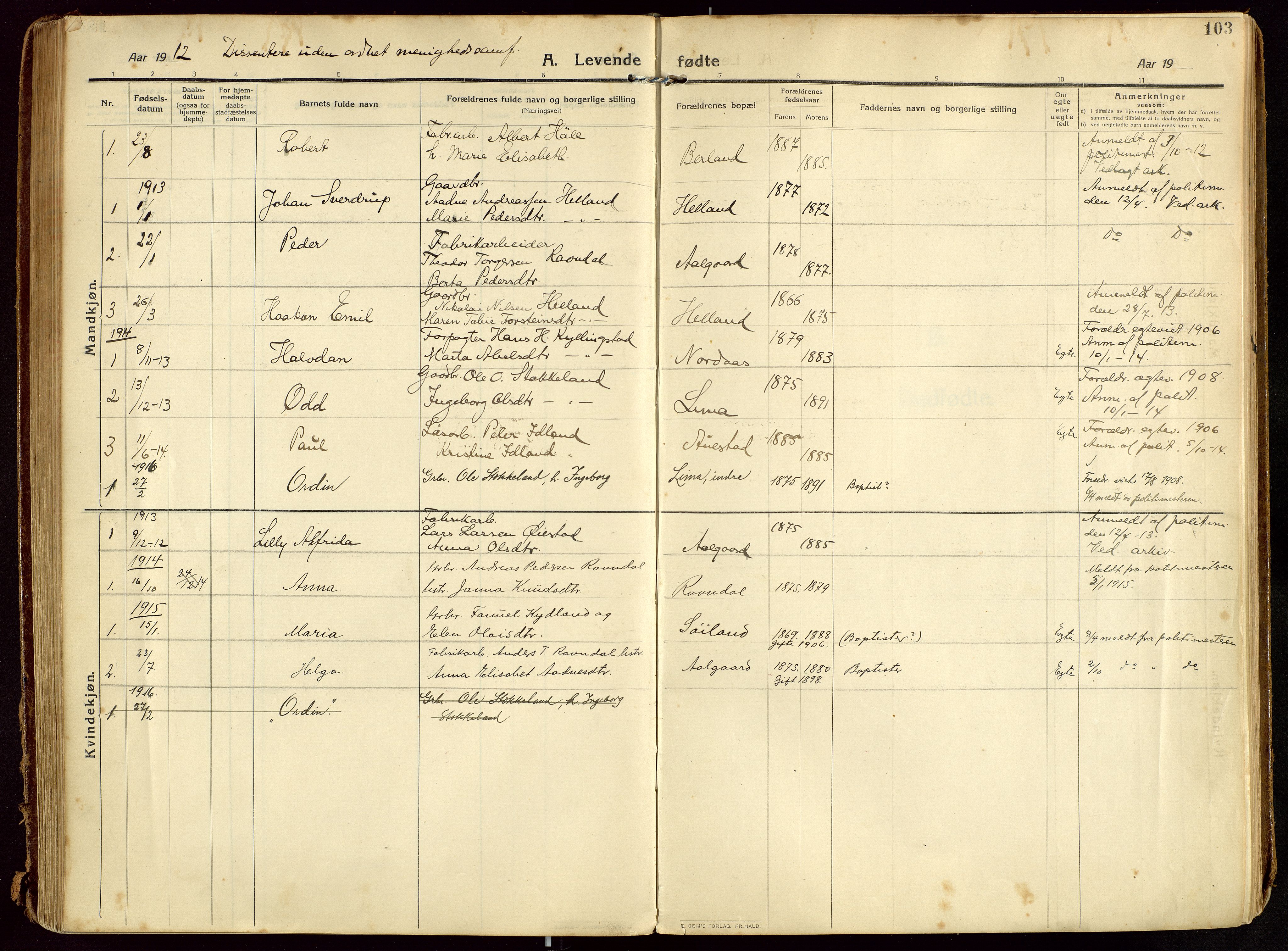 Lye sokneprestkontor, SAST/A-101794/002/B/L0001: Parish register (official) no. A 13, 1910-1925, p. 103