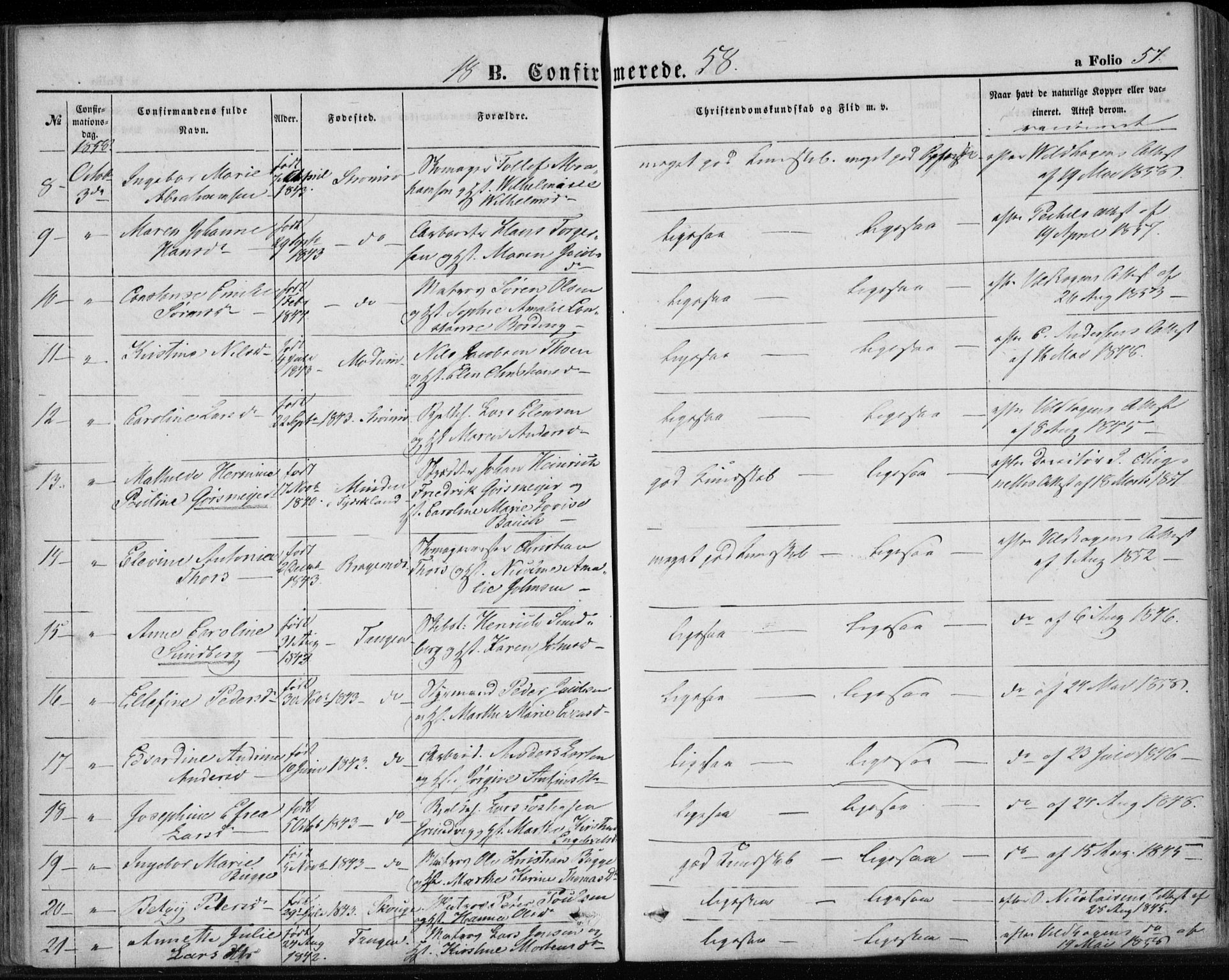 Strømsø kirkebøker, AV/SAKO-A-246/F/Fa/L0017: Parish register (official) no. I 17, 1848-1865, p. 57