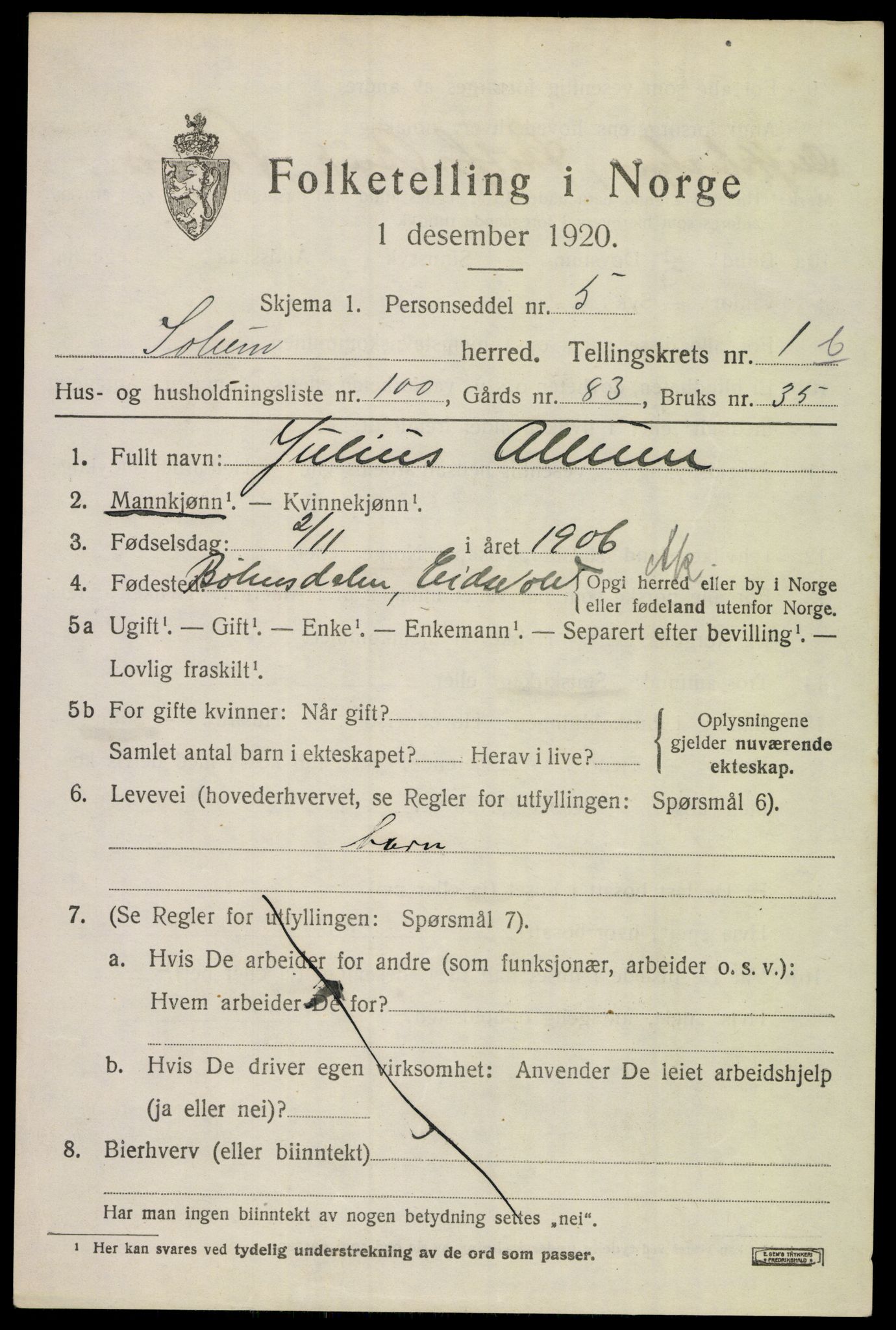 SAKO, 1920 census for Solum, 1920, p. 6316