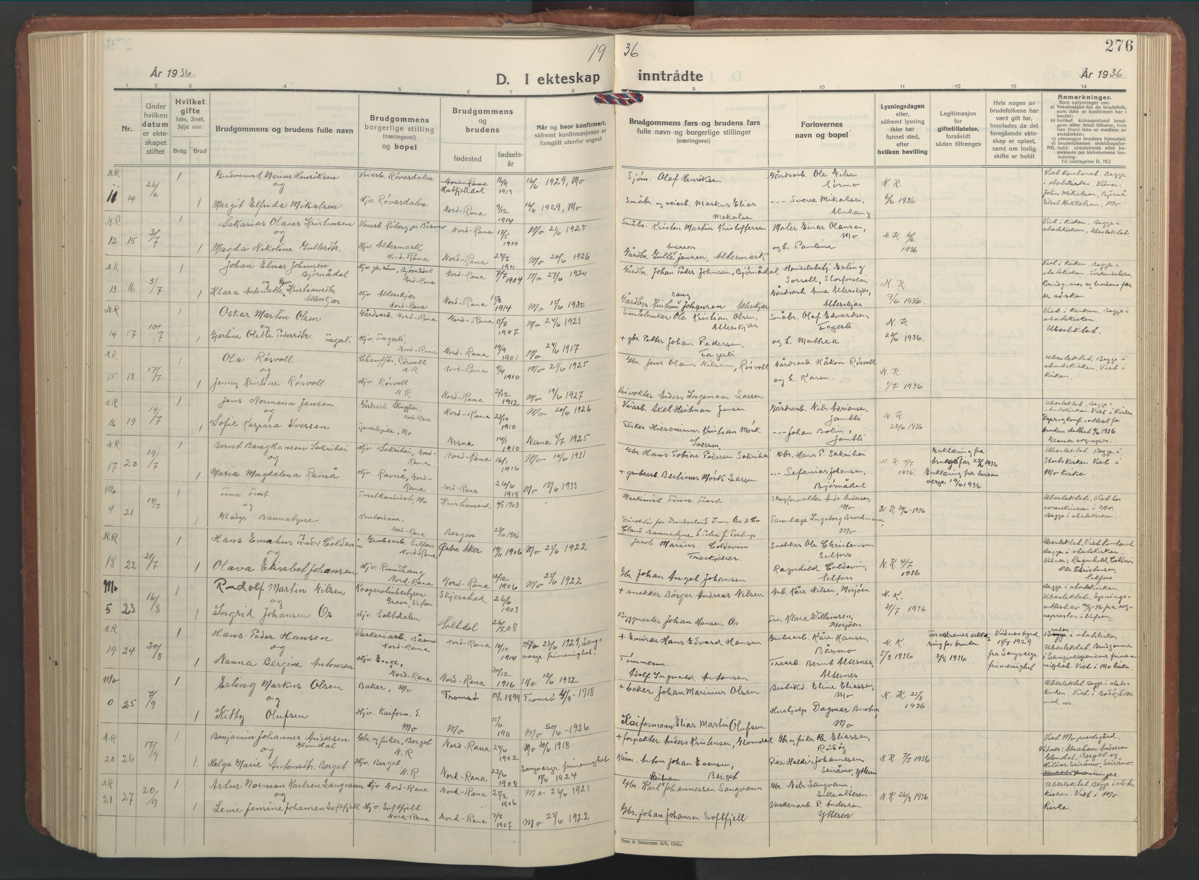 Ministerialprotokoller, klokkerbøker og fødselsregistre - Nordland, AV/SAT-A-1459/827/L0425: Parish register (copy) no. 827C14, 1931-1946, p. 276