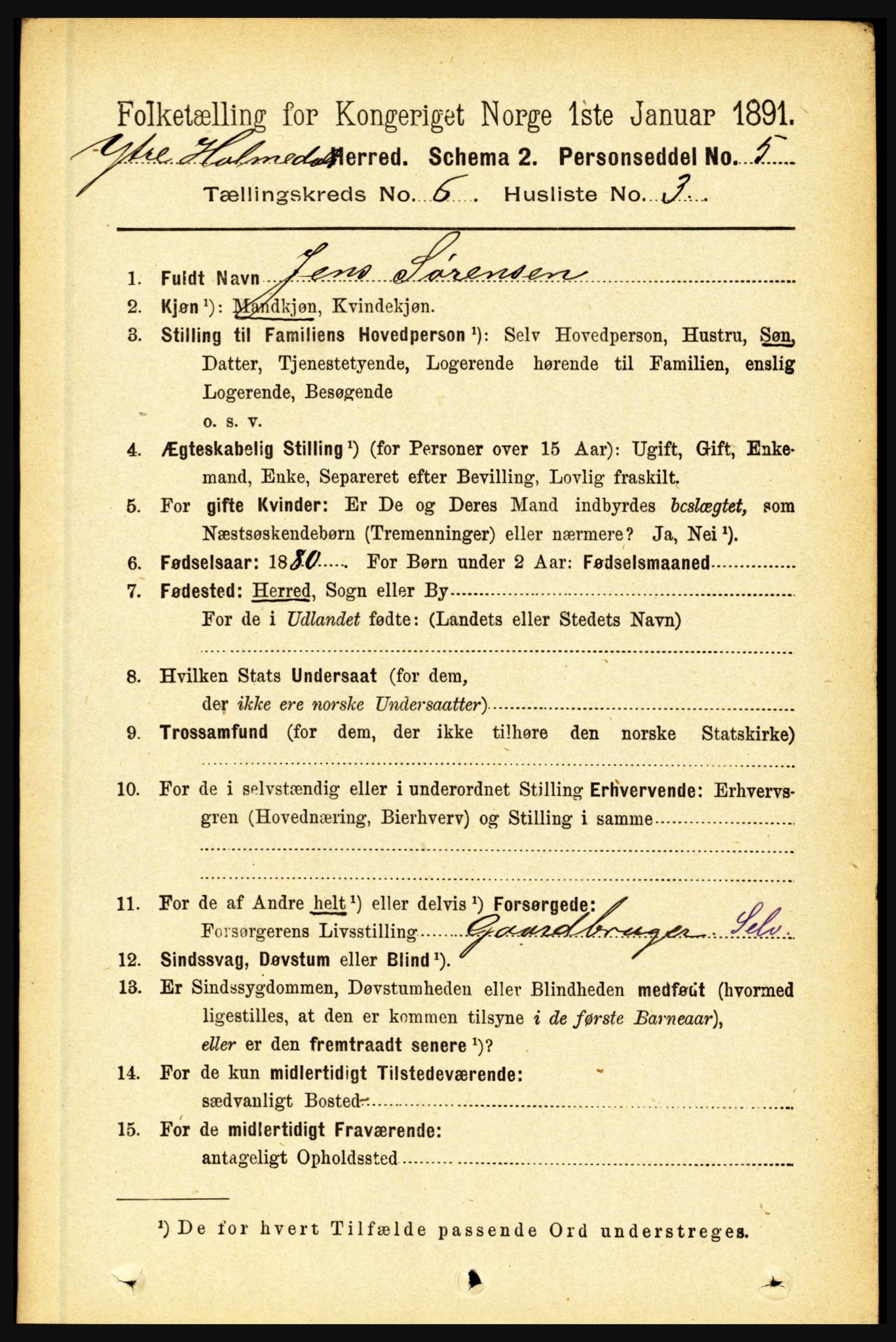 RA, 1891 census for 1429 Ytre Holmedal, 1891, p. 1348