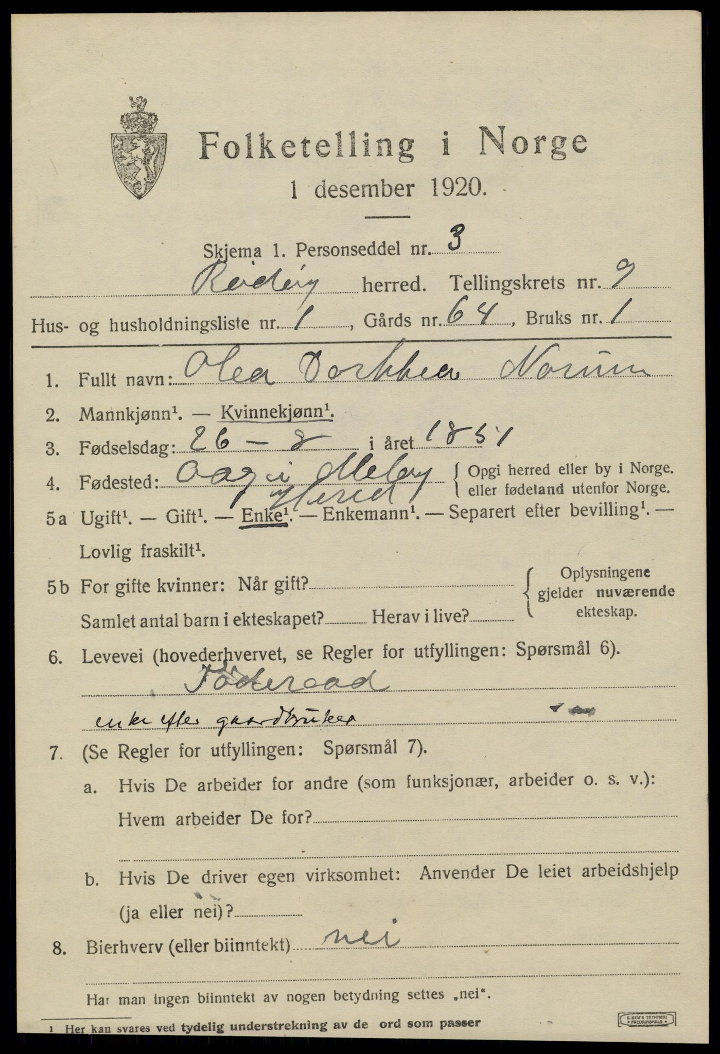 SAT, 1920 census for Rødøy, 1920, p. 5068