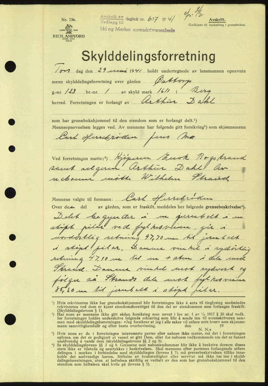 Idd og Marker sorenskriveri, AV/SAO-A-10283/G/Gb/Gbb/L0004: Mortgage book no. A4, 1940-1941, Diary no: : 607/1941