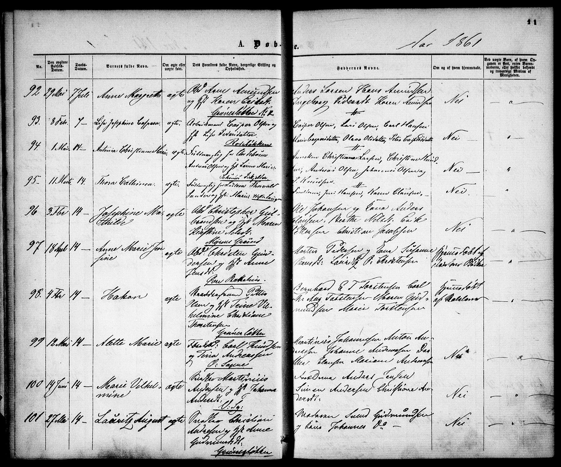 Gamle Aker prestekontor Kirkebøker, SAO/A-10617a/F/L0001: Parish register (official) no. 1, 1861-1865, p. 11
