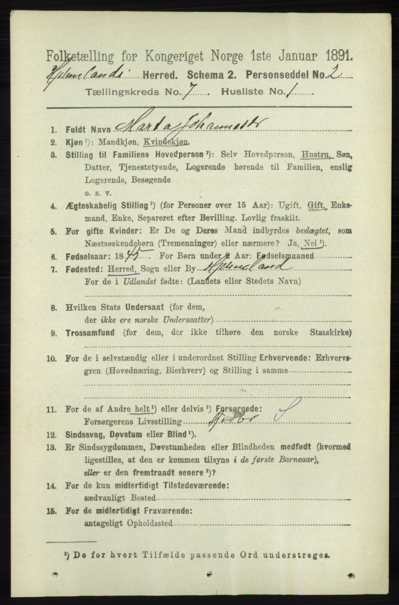 RA, 1891 census for 1133 Hjelmeland, 1891, p. 1950