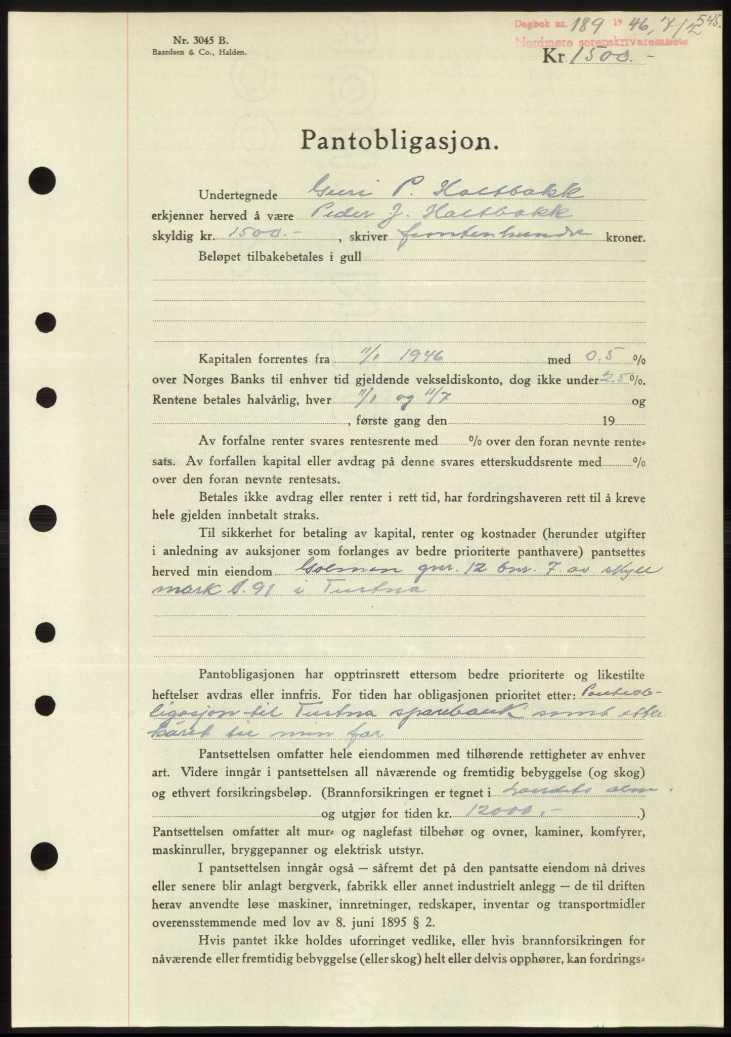 Nordmøre sorenskriveri, AV/SAT-A-4132/1/2/2Ca: Mortgage book no. B93b, 1946-1946, Diary no: : 189/1946