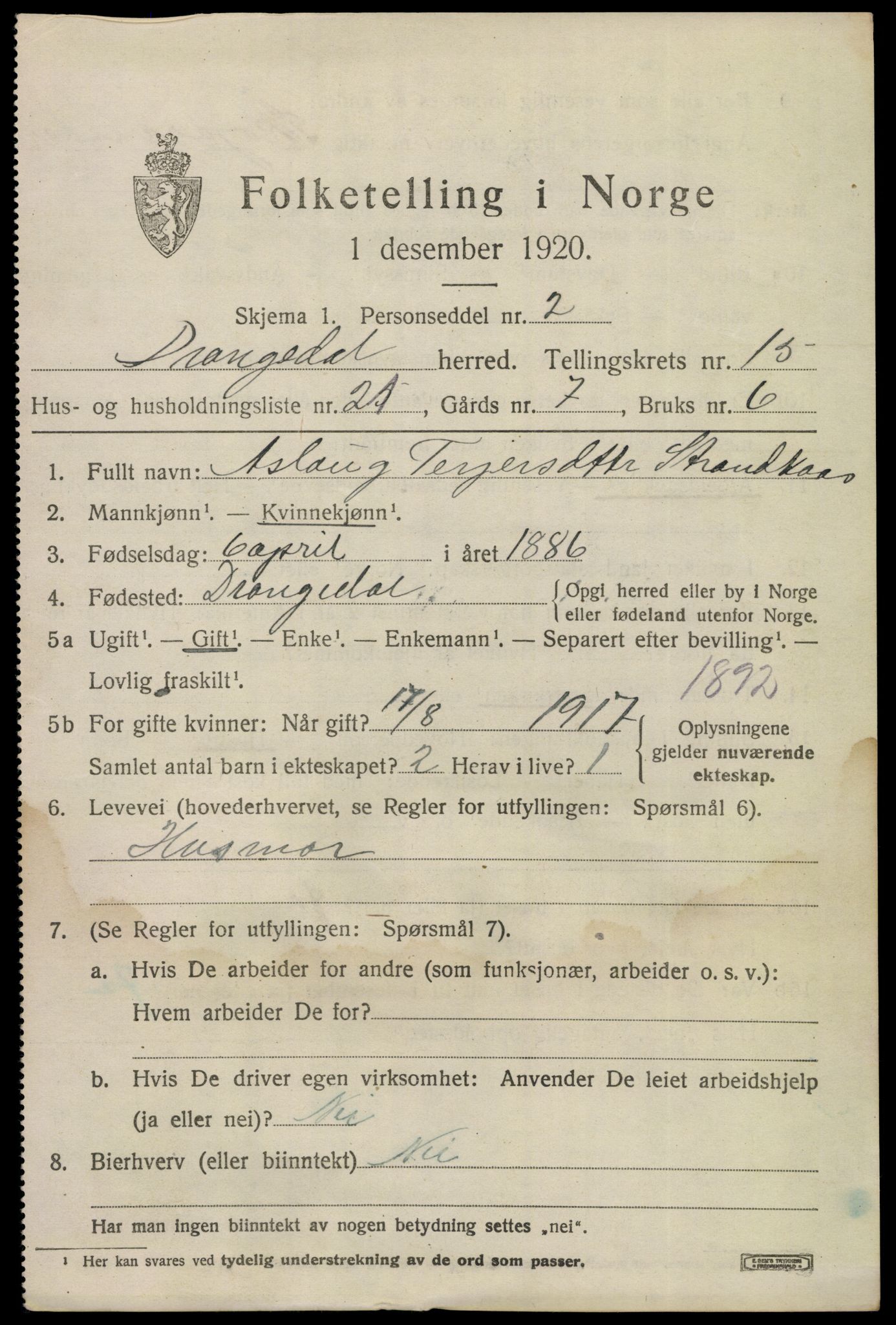 SAKO, 1920 census for Drangedal, 1920, p. 7789