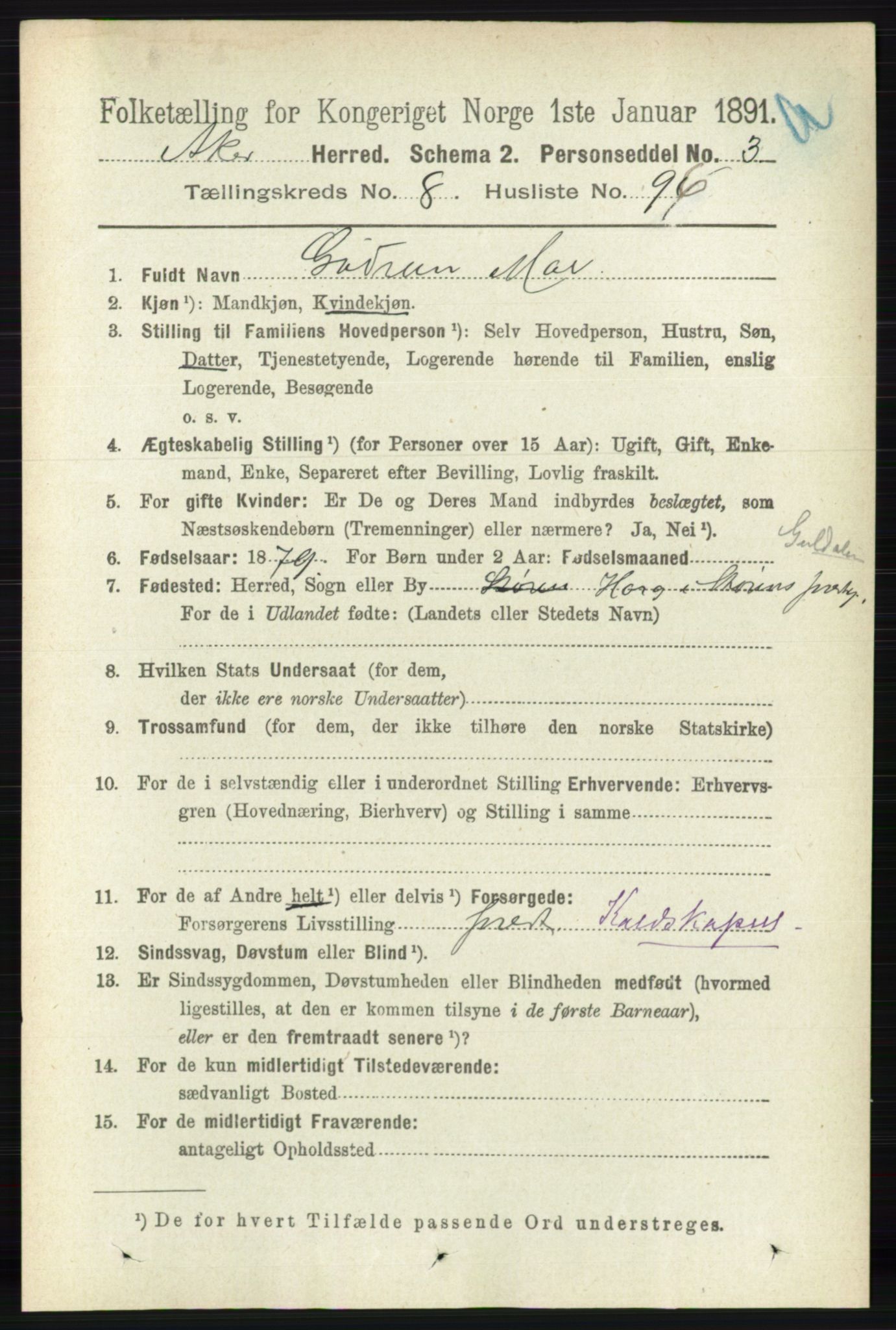 RA, 1891 census for 0218 Aker, 1891, p. 8070