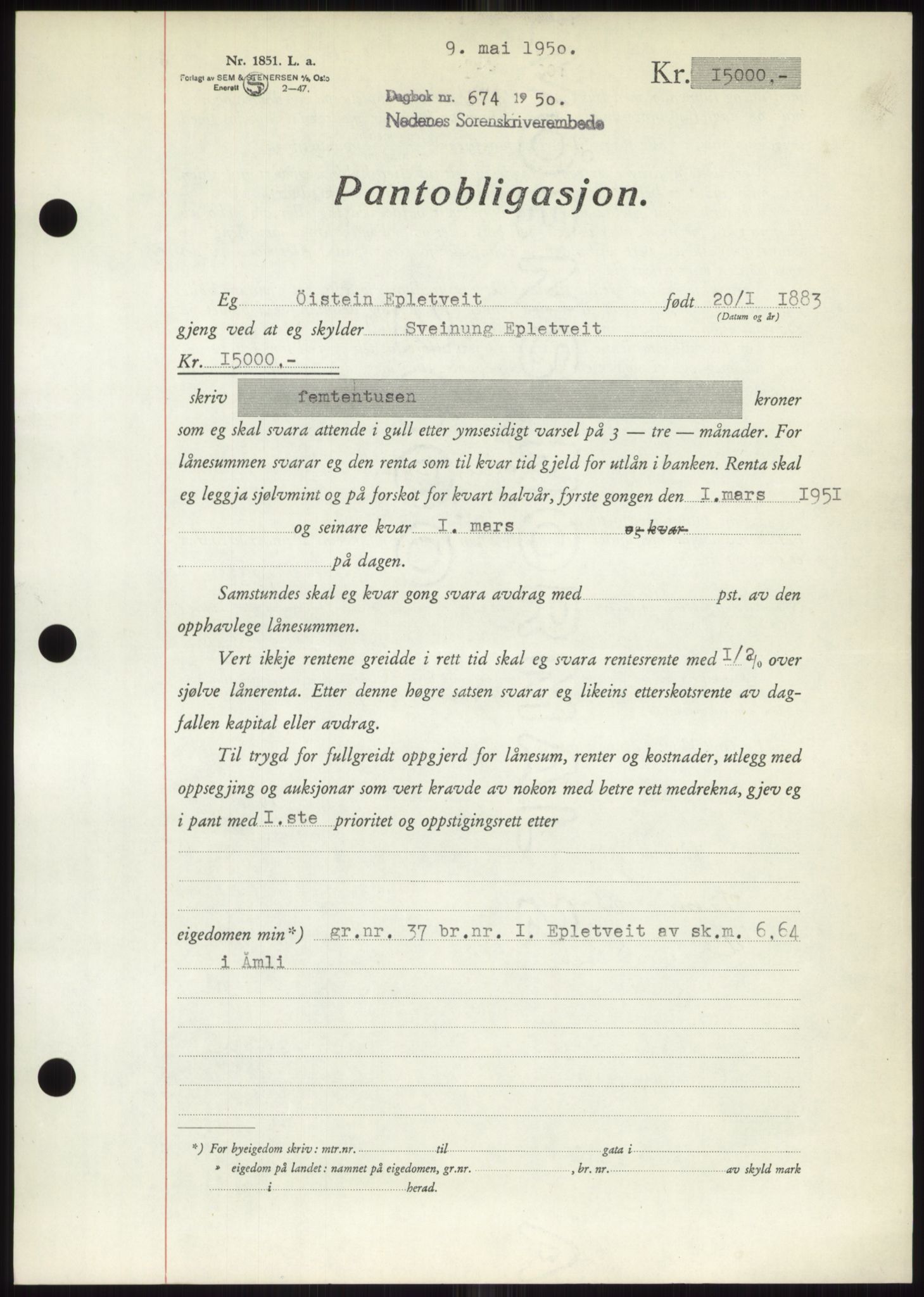 Nedenes sorenskriveri, AV/SAK-1221-0006/G/Gb/Gbb/L0007: Mortgage book no. B7, 1949-1950, Diary no: : 674/1950