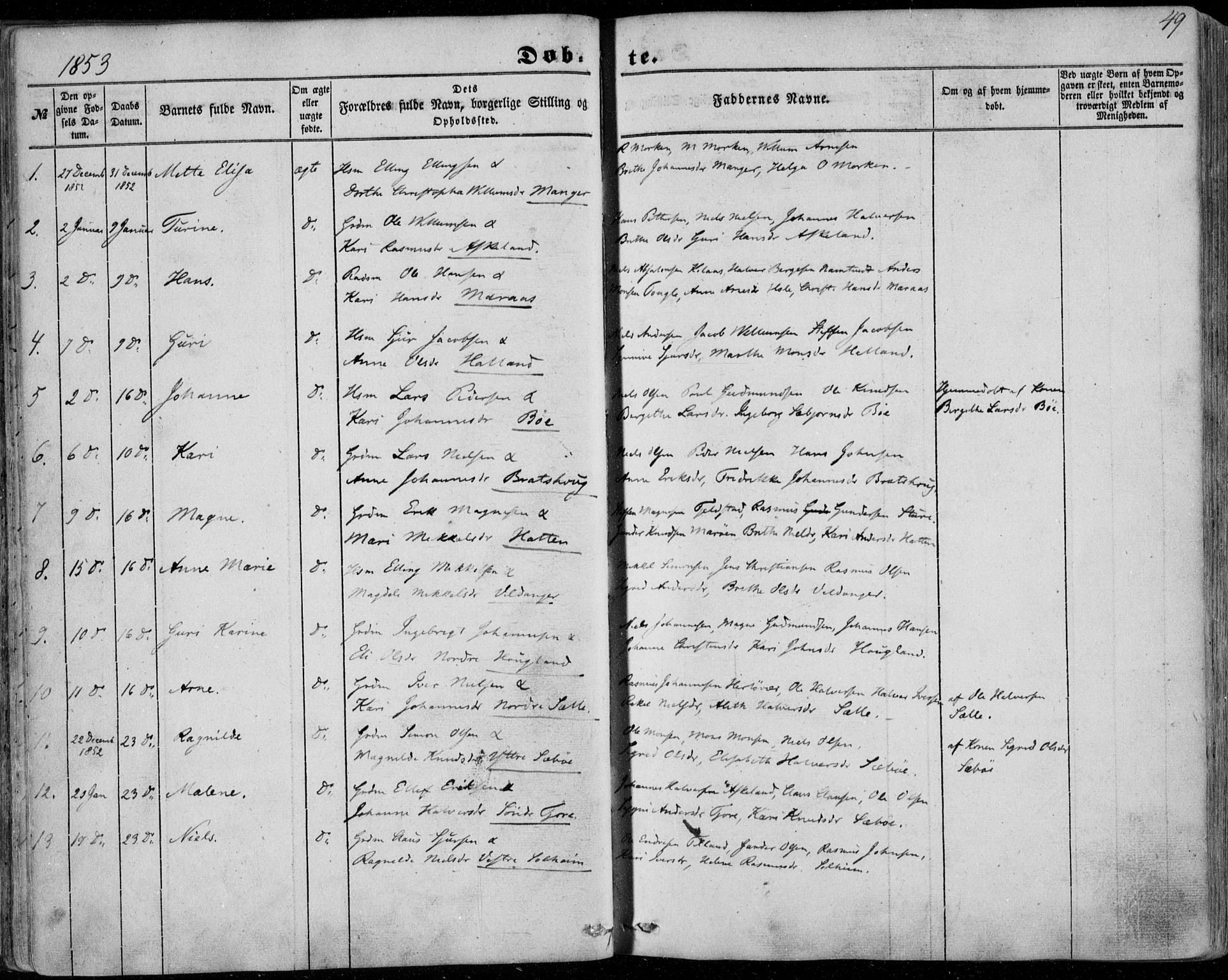 Manger sokneprestembete, SAB/A-76801/H/Haa: Parish register (official) no. A 6, 1849-1859, p. 49