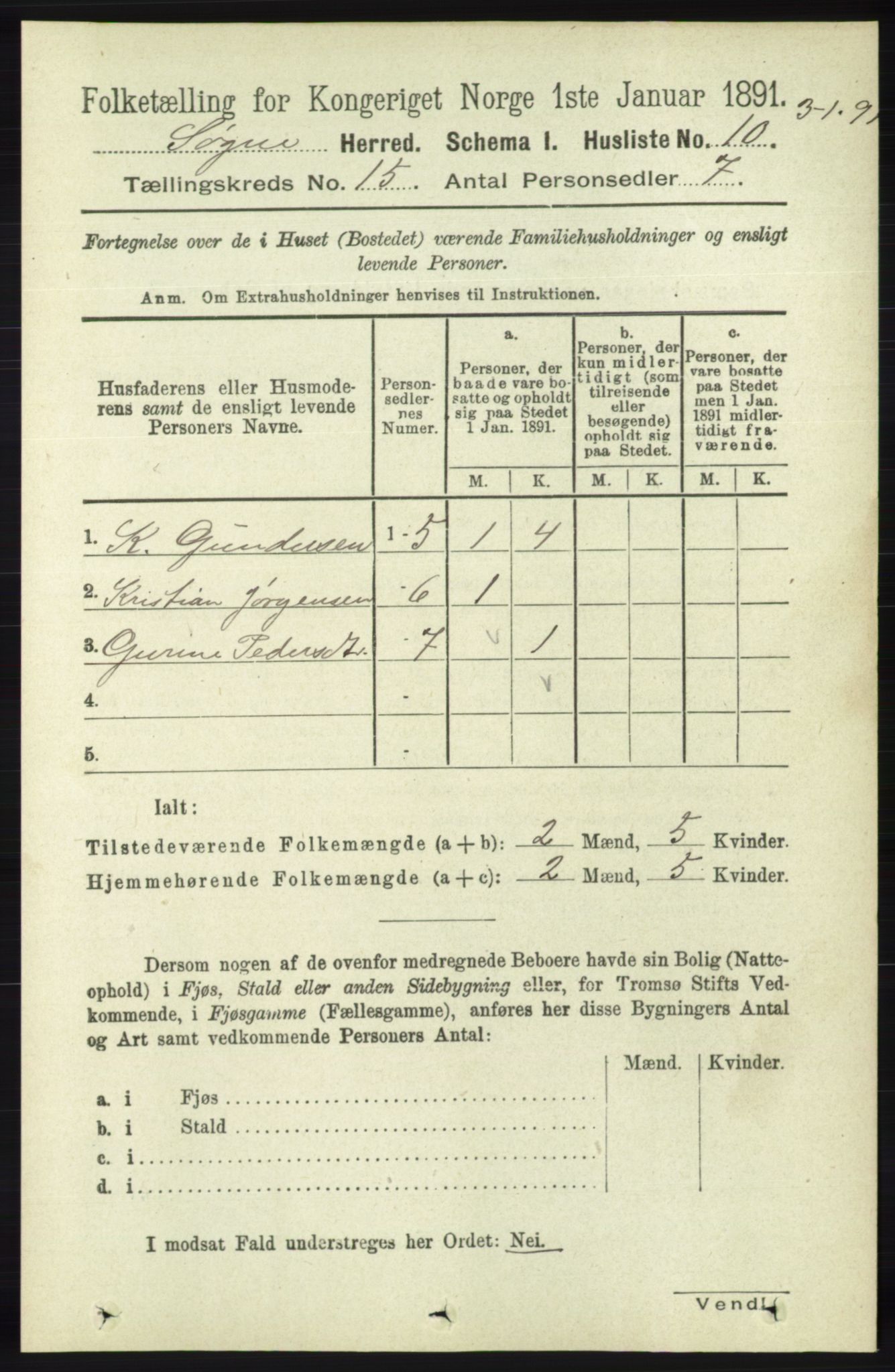 RA, 1891 census for 1018 Søgne, 1891, p. 3807