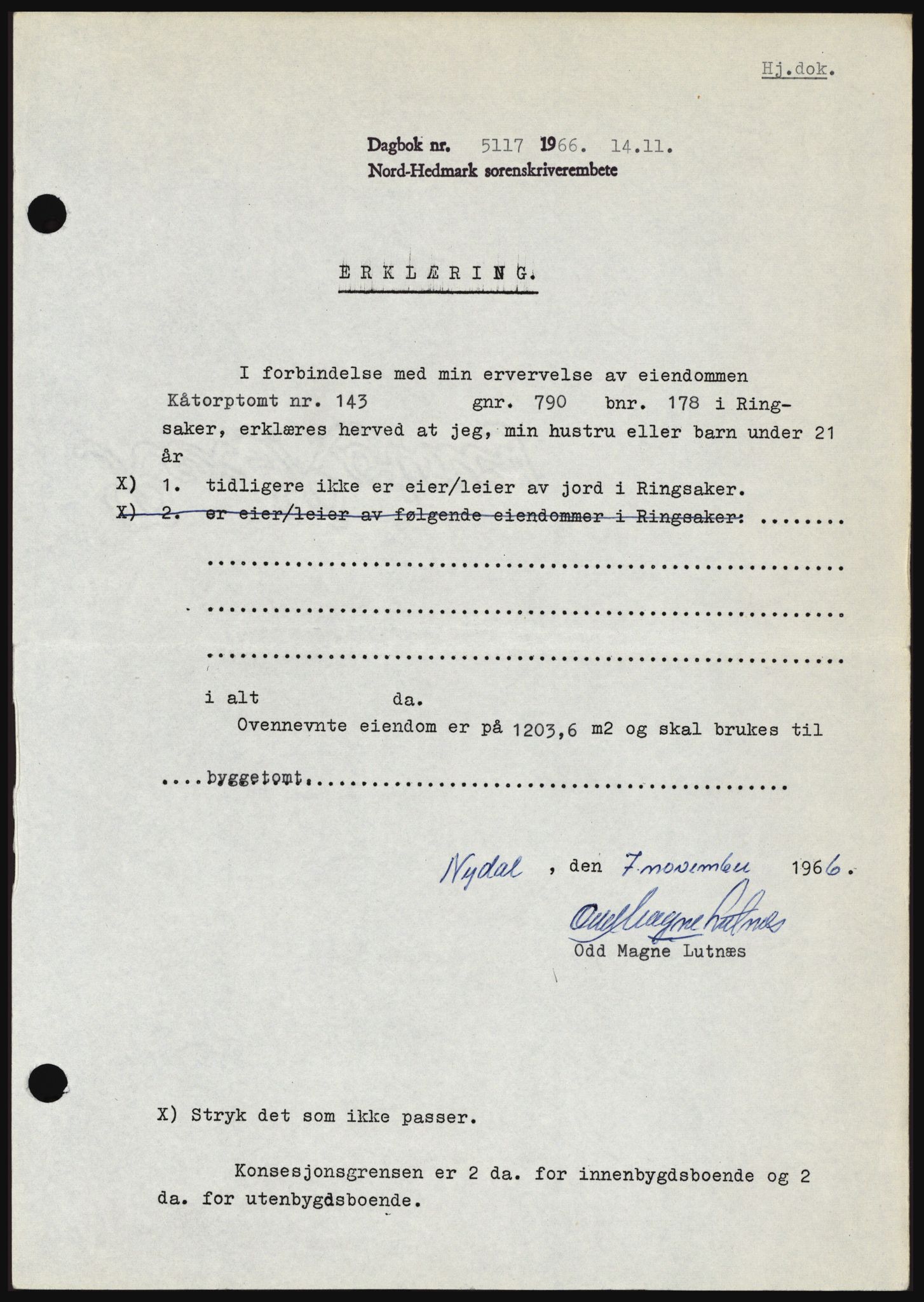 Nord-Hedmark sorenskriveri, AV/SAH-TING-012/H/Hc/L0024: Mortgage book no. 24, 1966-1966, Diary no: : 5117/1966